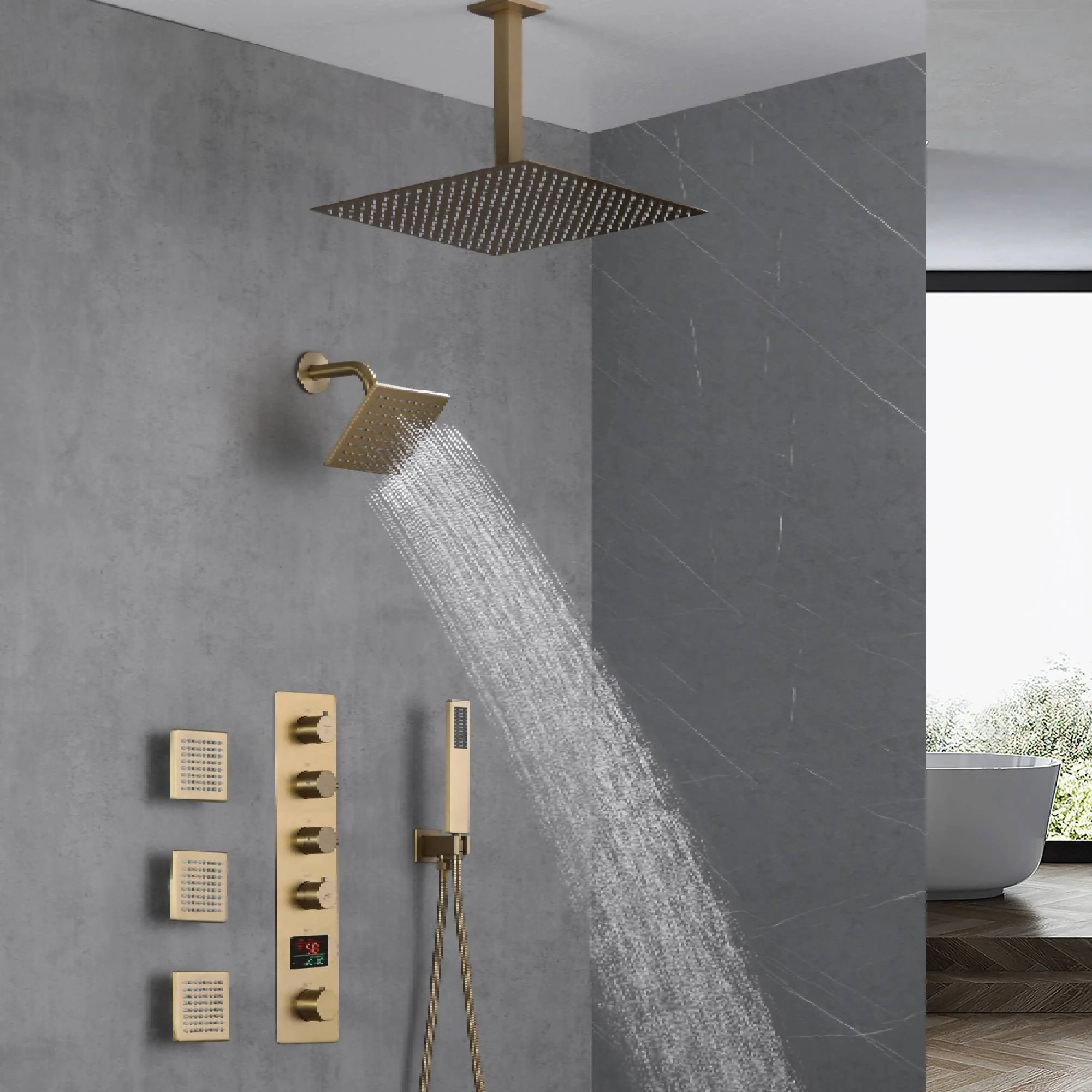 Brushed Gold 16-Inch Rainfall Ceiling Mount Shower Head with 4-Way Thermostatic Faucet, Body Jets, and High-Pressure Wall Mount Head - Image 3