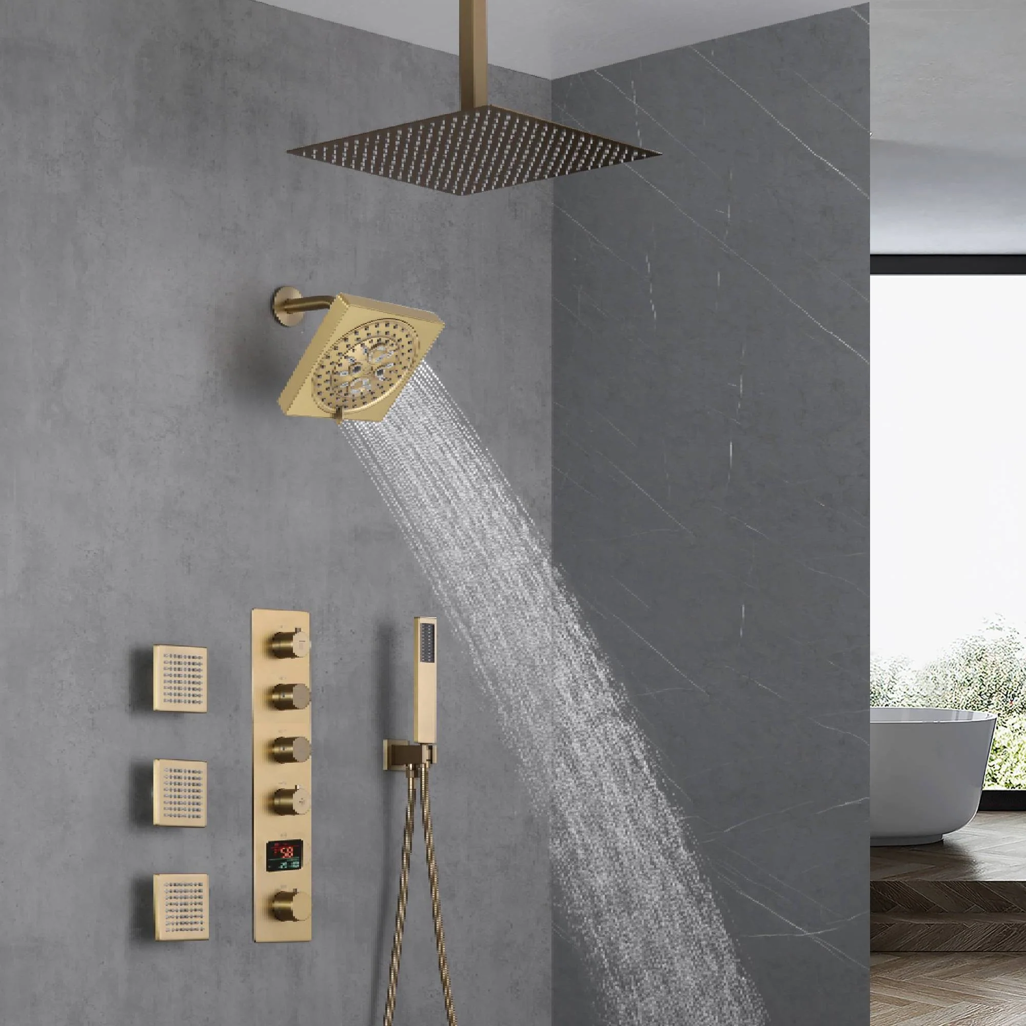 Brushed Gold 16-Inch Rainfall Ceiling Mount Shower Head with 4-Way Thermostatic Faucet, Body Jets, and High-Pressure Wall Mount Head - Image 4