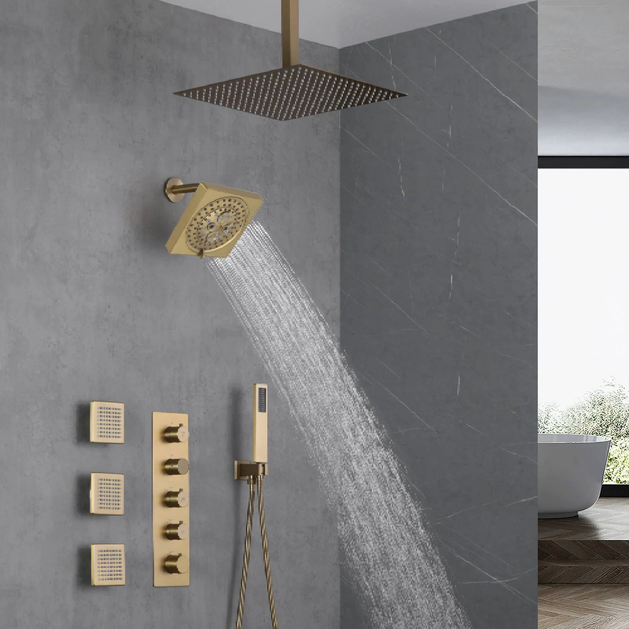 Brushed Gold 16-Inch Rainfall Ceiling Mount Shower Head with 4-Way Thermostatic Faucet, Body Jets, and High-Pressure Wall Mount Head - Image 5
