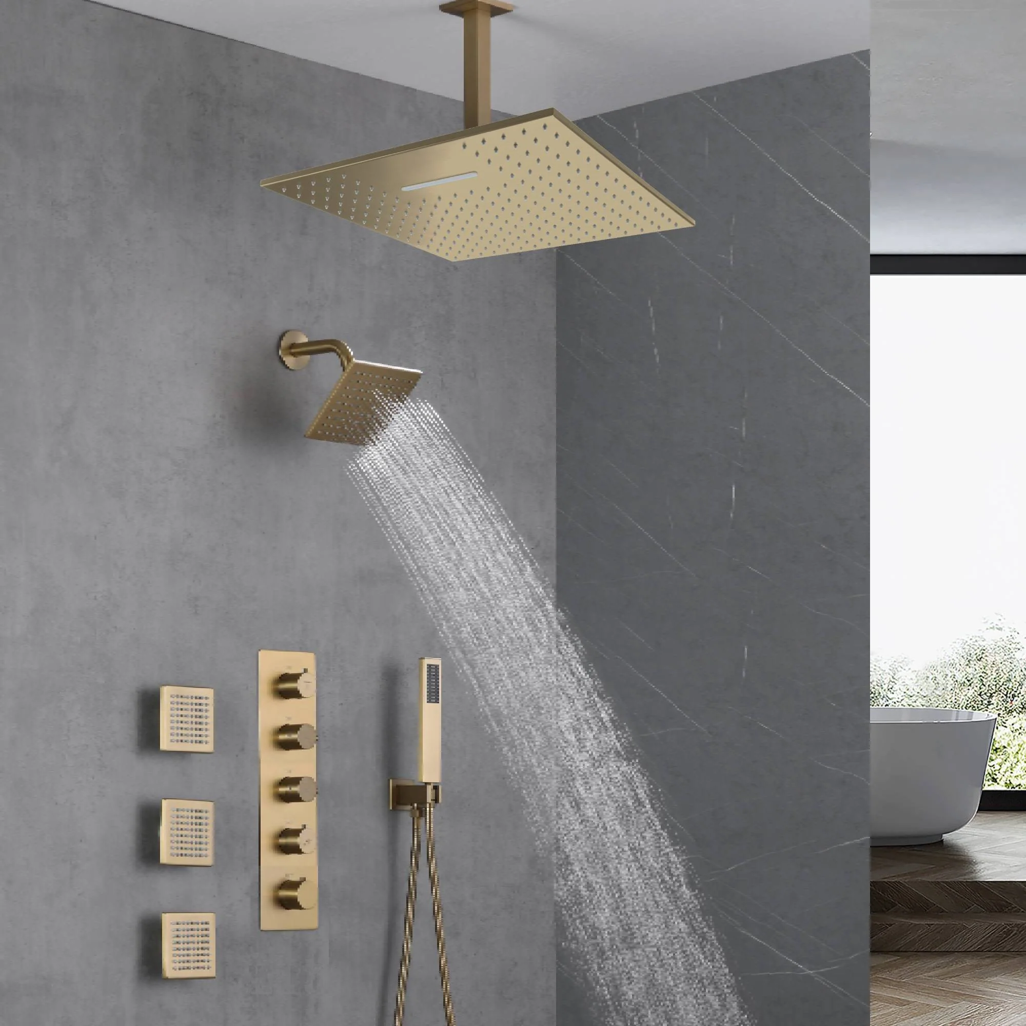 Brushed Gold 16-Inch Rainfall Ceiling Mount Shower Head with 4-Way Thermostatic Faucet, Body Jets, and High-Pressure Wall Mount Head - Image 6