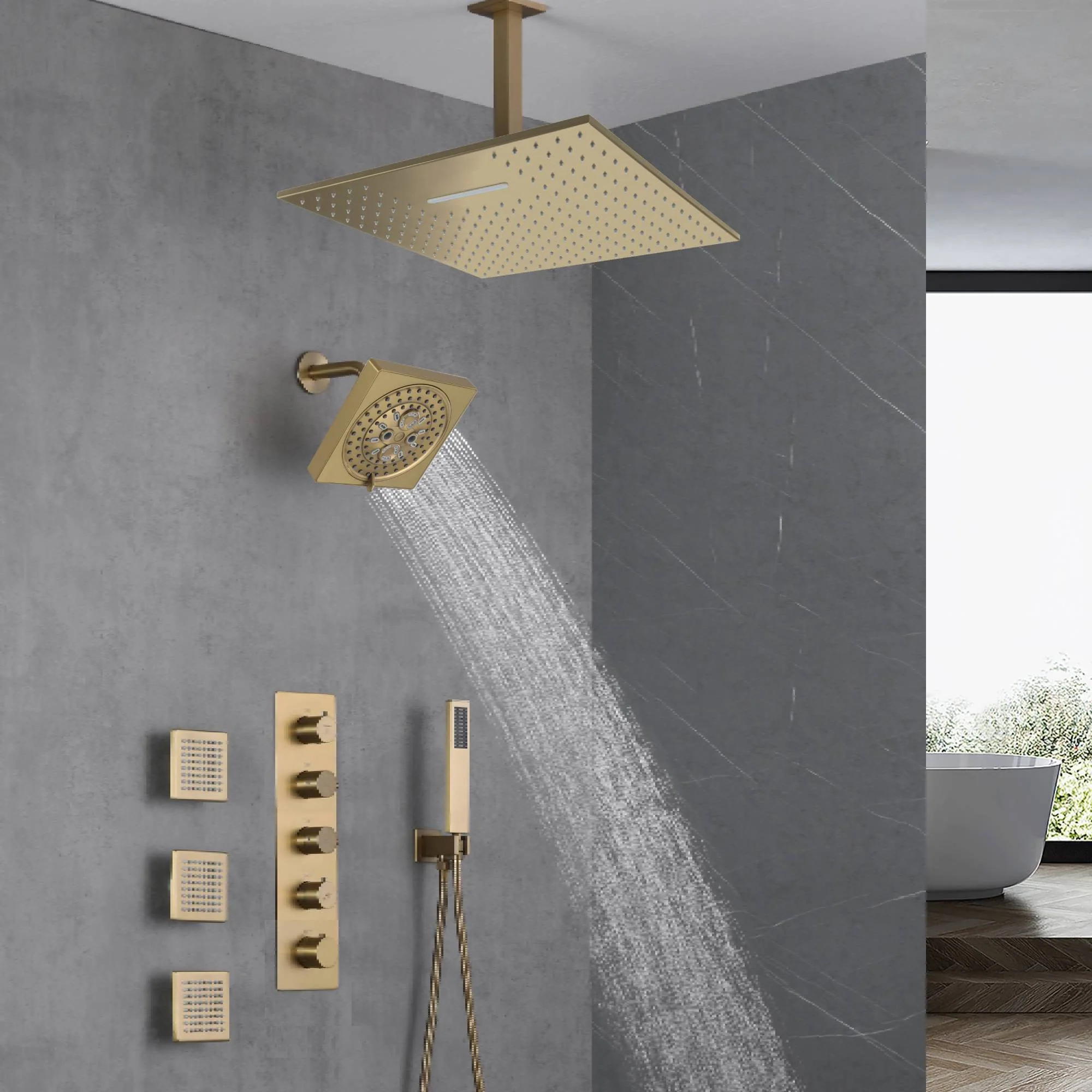Brushed Gold 16-Inch Rainfall Ceiling Mount Shower Head with 4-Way Thermostatic Faucet, Body Jets, and High-Pressure Wall Mount Head - Image 7