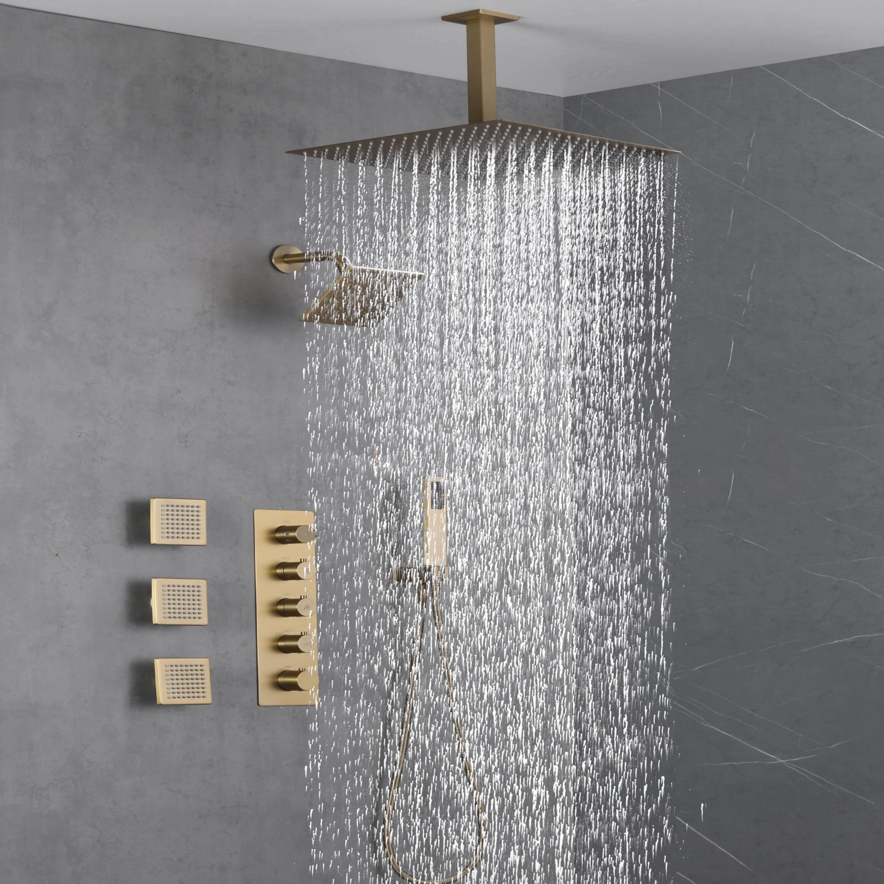 Brushed Gold 16-Inch Rainfall Ceiling Mount Shower Head with 4-Way Thermostatic Faucet, Body Jets, and High-Pressure Wall Mount Head - Image 8