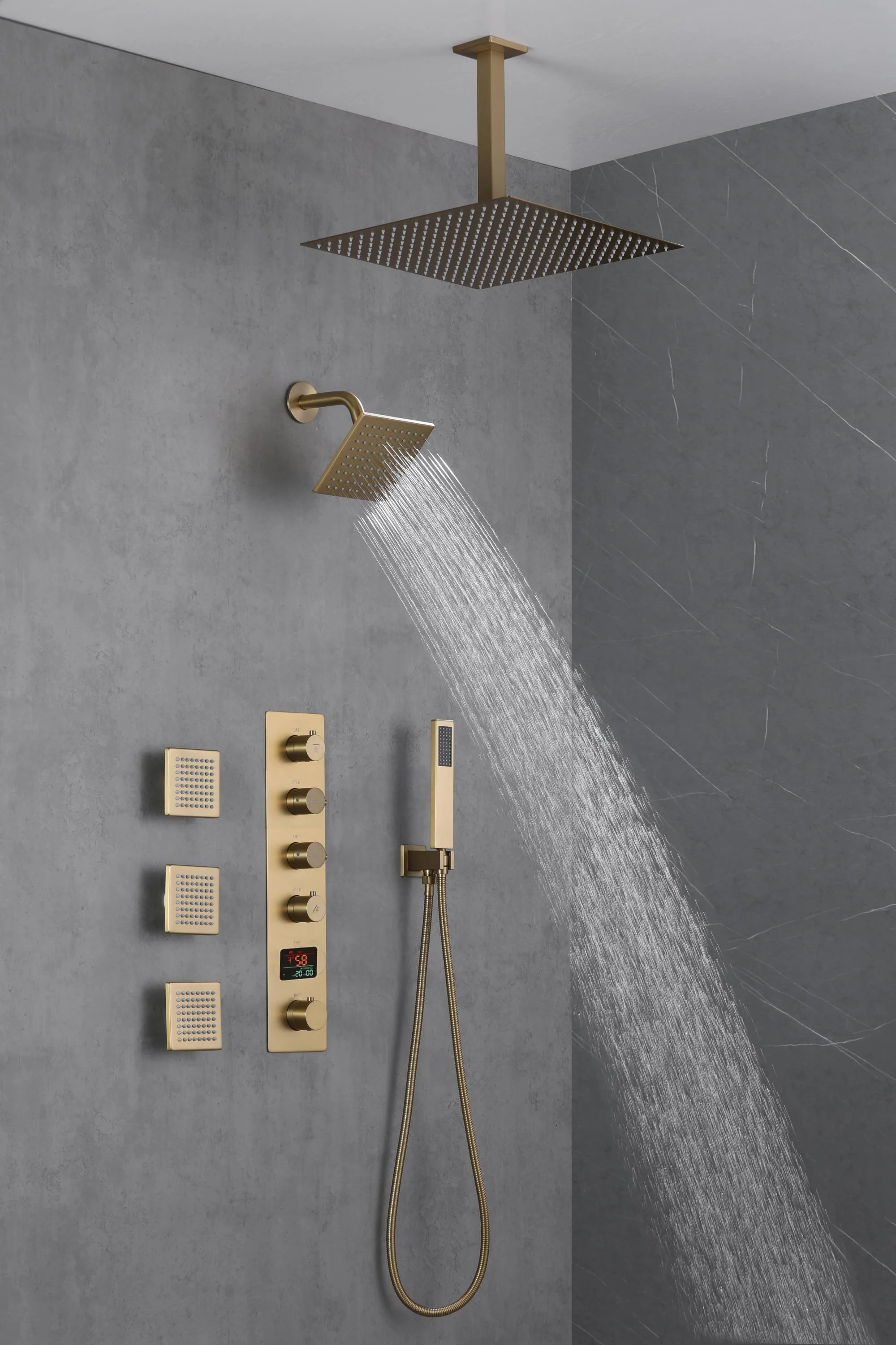Brushed Gold 16-Inch Rainfall Ceiling Mount Shower Head with 4-Way Thermostatic Faucet, Body Jets, and High-Pressure Wall Mount Head - Image 9