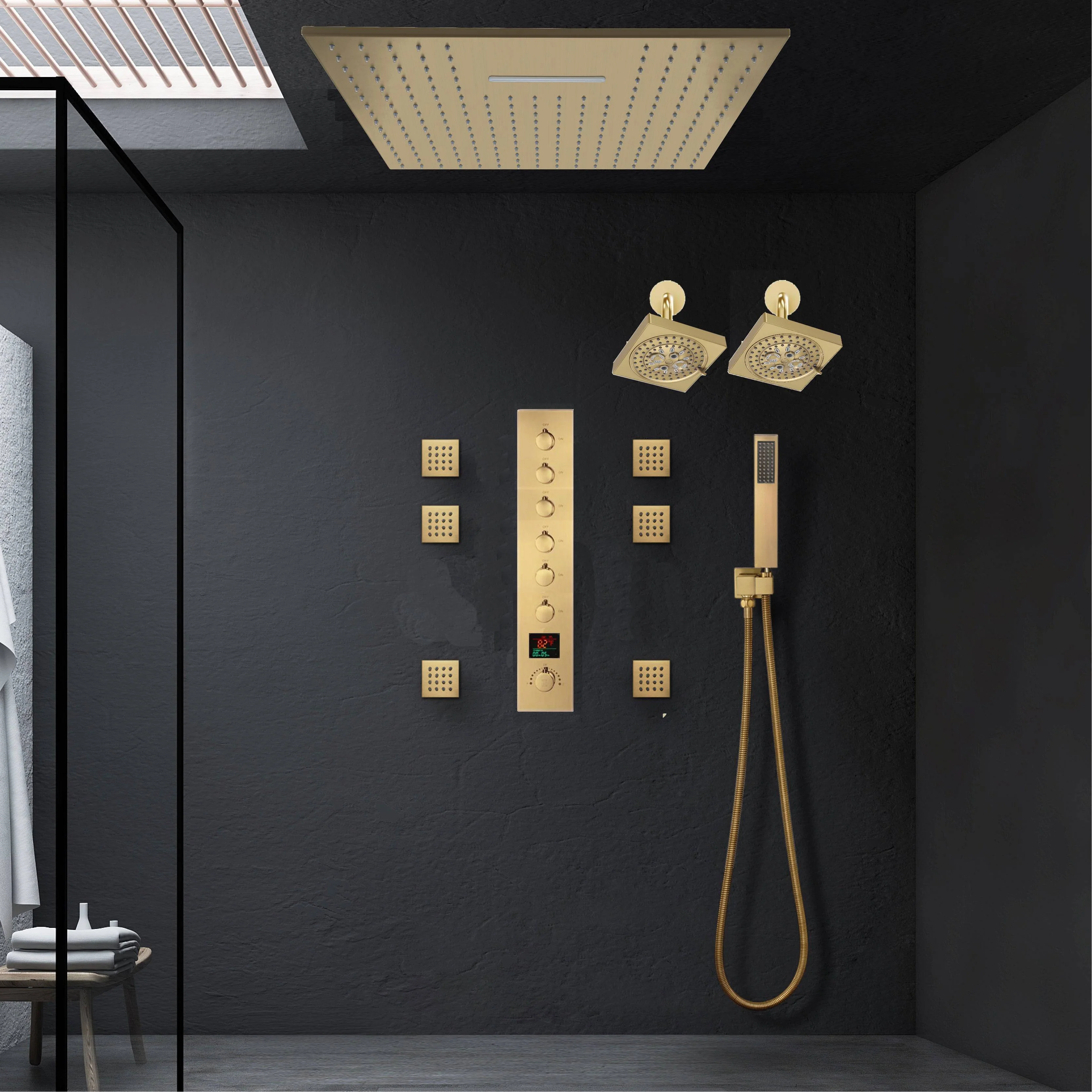 Brushed Gold Ceiling Mount 20'' Or 24'' rainfall waterfall Shower Head with 6-Way Digital Display Thermostatic Control, Dual Regular Heads & Body Sprayers - Image 10