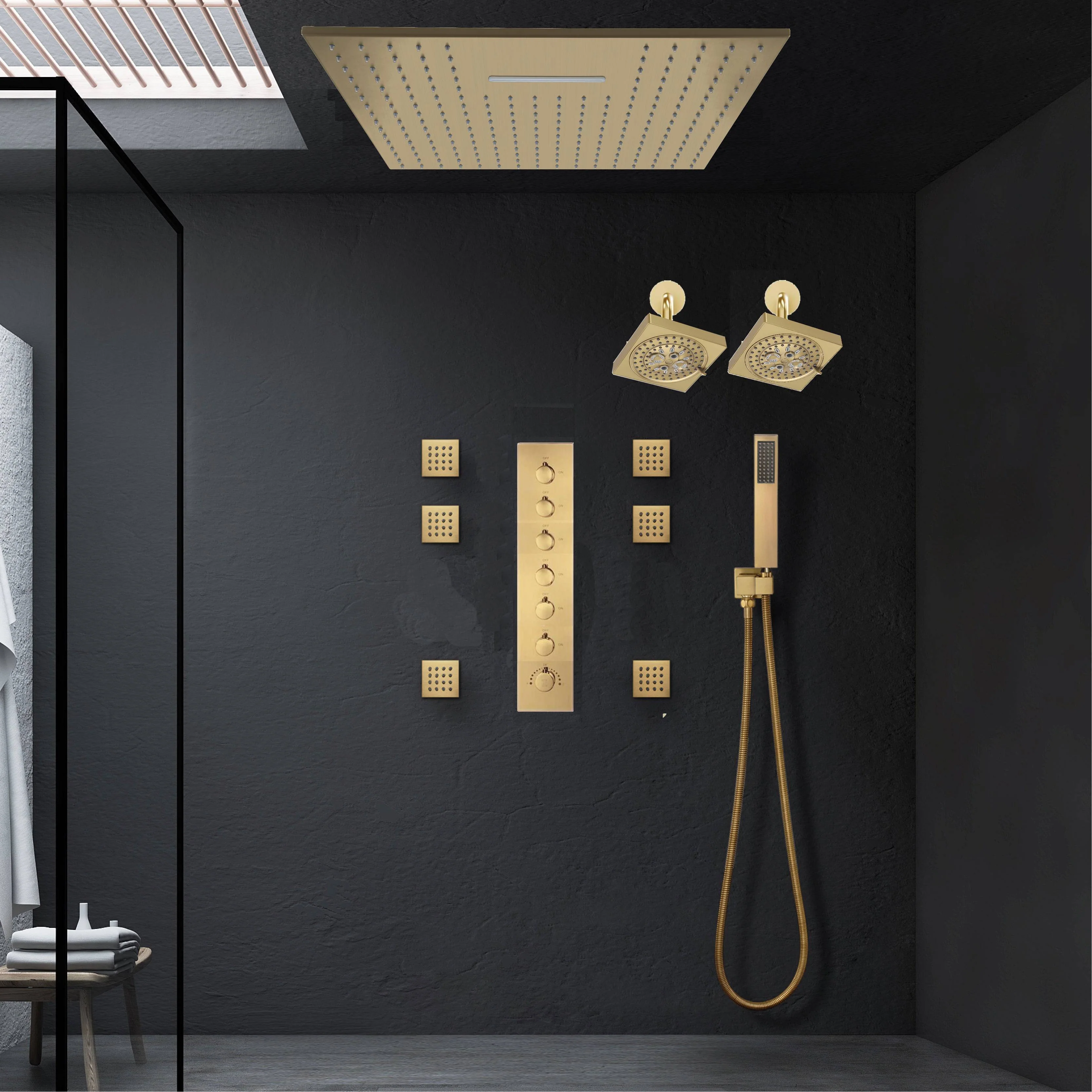 Brushed Gold Ceiling Mount 20'' Or 24'' rainfall waterfall Shower Head with 6-Way Digital Display Thermostatic Control, Dual Regular Heads & Body Sprayers - Image 11