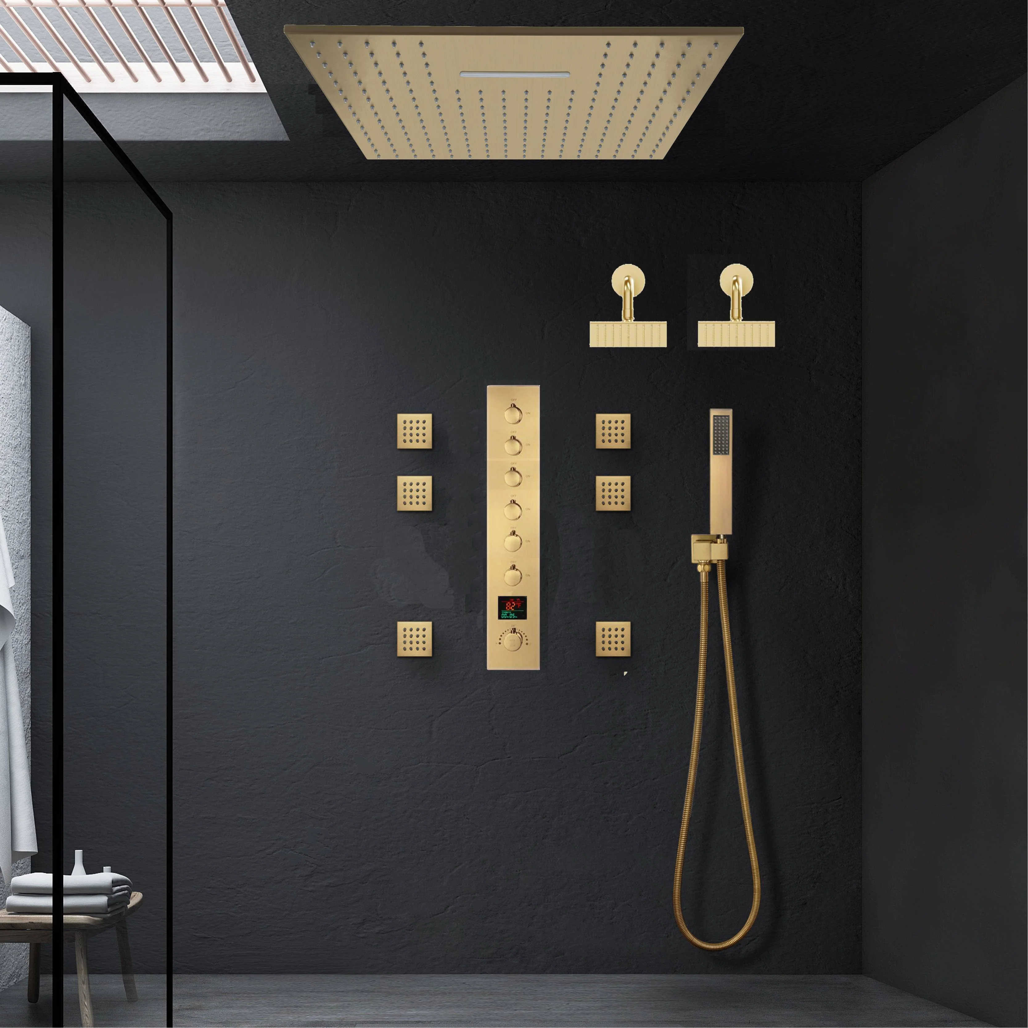Brushed Gold Ceiling Mount 20'' Or 24'' rainfall waterfall Shower Head with 6-Way Digital Display Thermostatic Control, Dual Regular Heads & Body Sprayers - Image 12