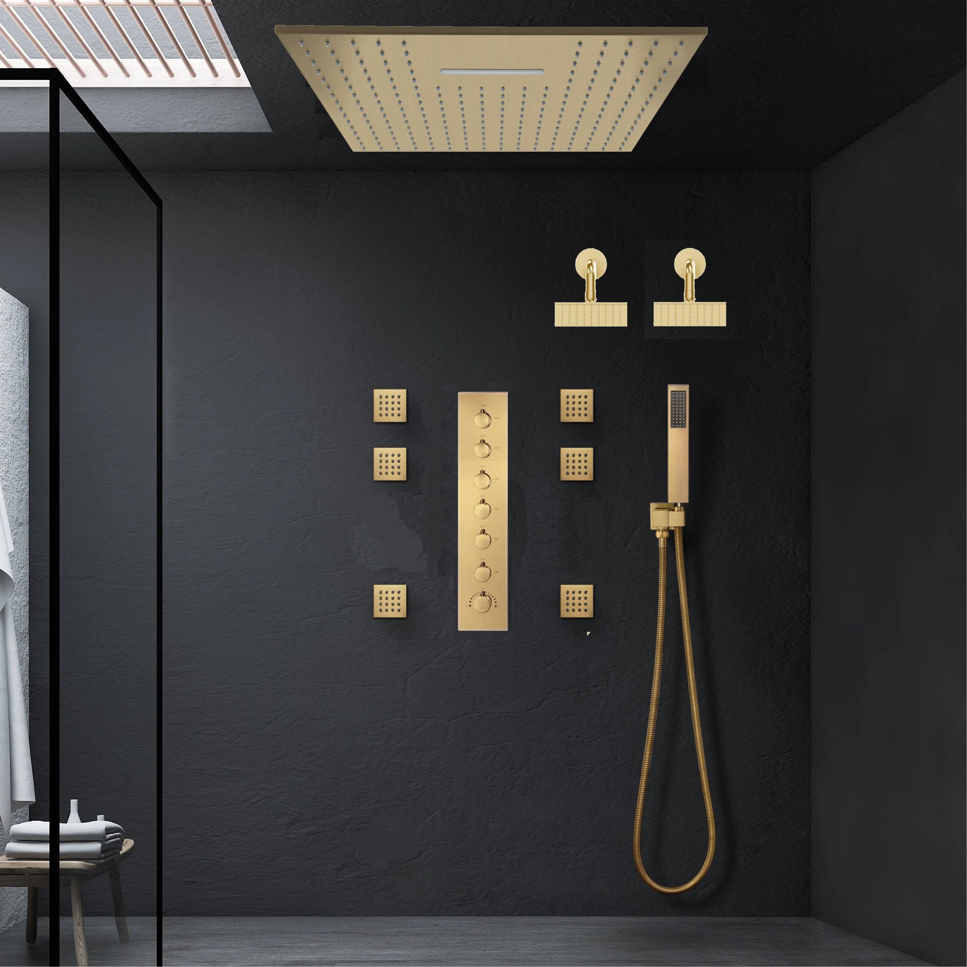Brushed Gold Ceiling Mount 20'' Or 24'' rainfall waterfall Shower Head with 6-Way Digital Display Thermostatic Control, Dual Regular Heads & Body Sprayers - Image 13