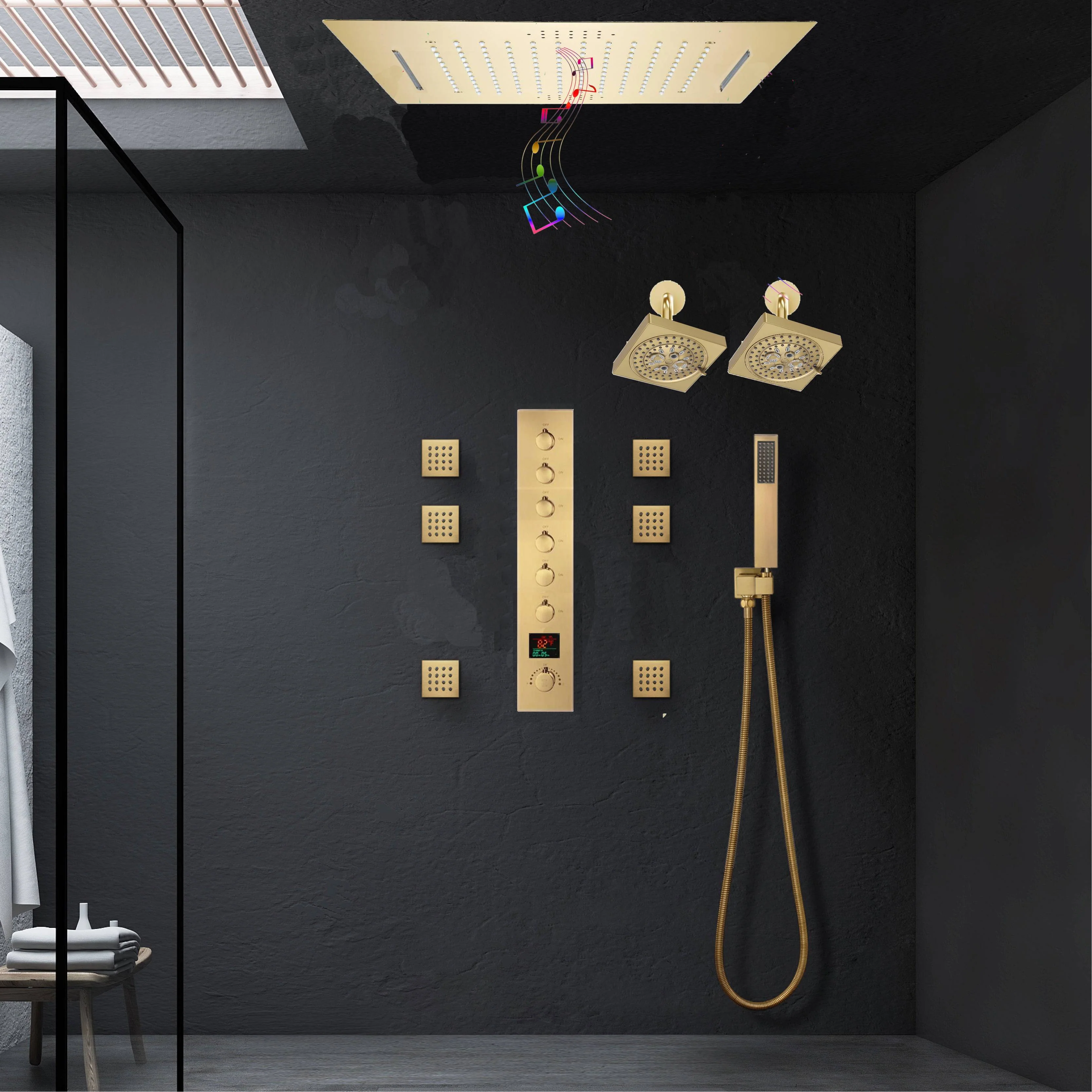 Brushed Gold Ceiling Mount 20'' Or 24'' rainfall waterfall Shower Head with 6-Way Digital Display Thermostatic Control, Dual Regular Heads & Body Sprayers - Image 2