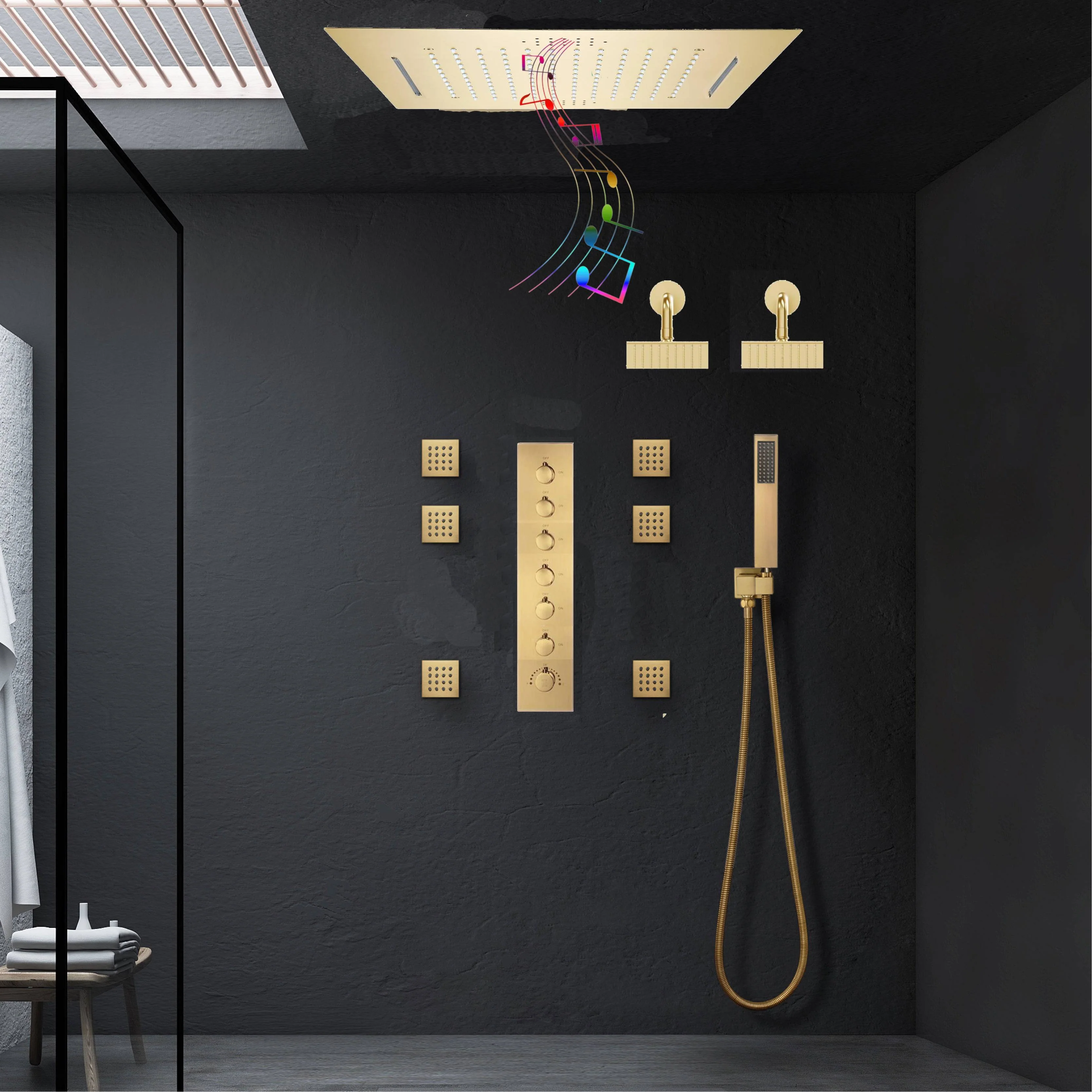 Brushed Gold Ceiling Mount 20'' Or 24'' rainfall waterfall Shower Head with 6-Way Digital Display Thermostatic Control, Dual Regular Heads & Body Sprayers - Image 3