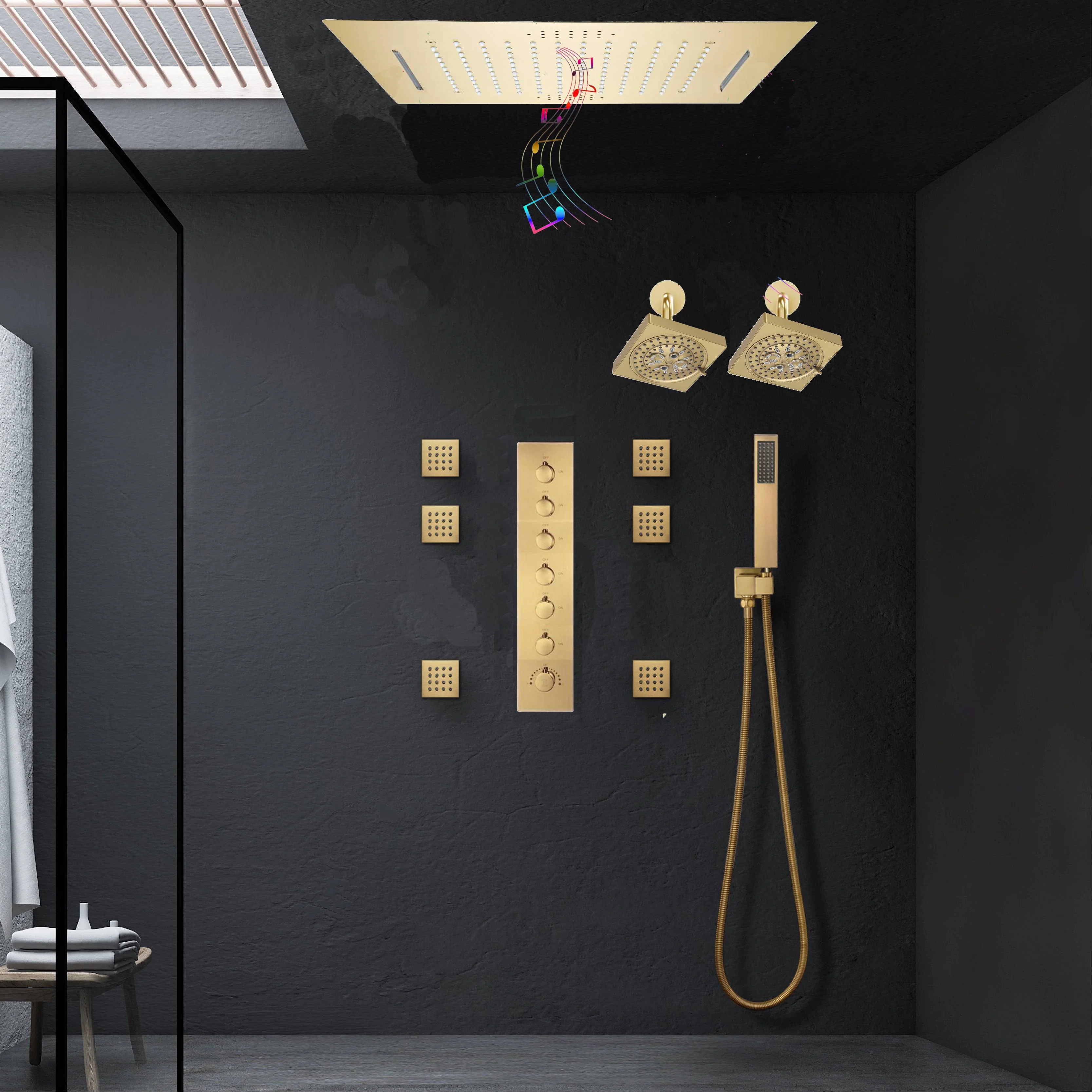Brushed Gold Ceiling Mount 20'' Or 24'' rainfall waterfall Shower Head with 6-Way Digital Display Thermostatic Control, Dual Regular Heads & Body Sprayers - Image 5