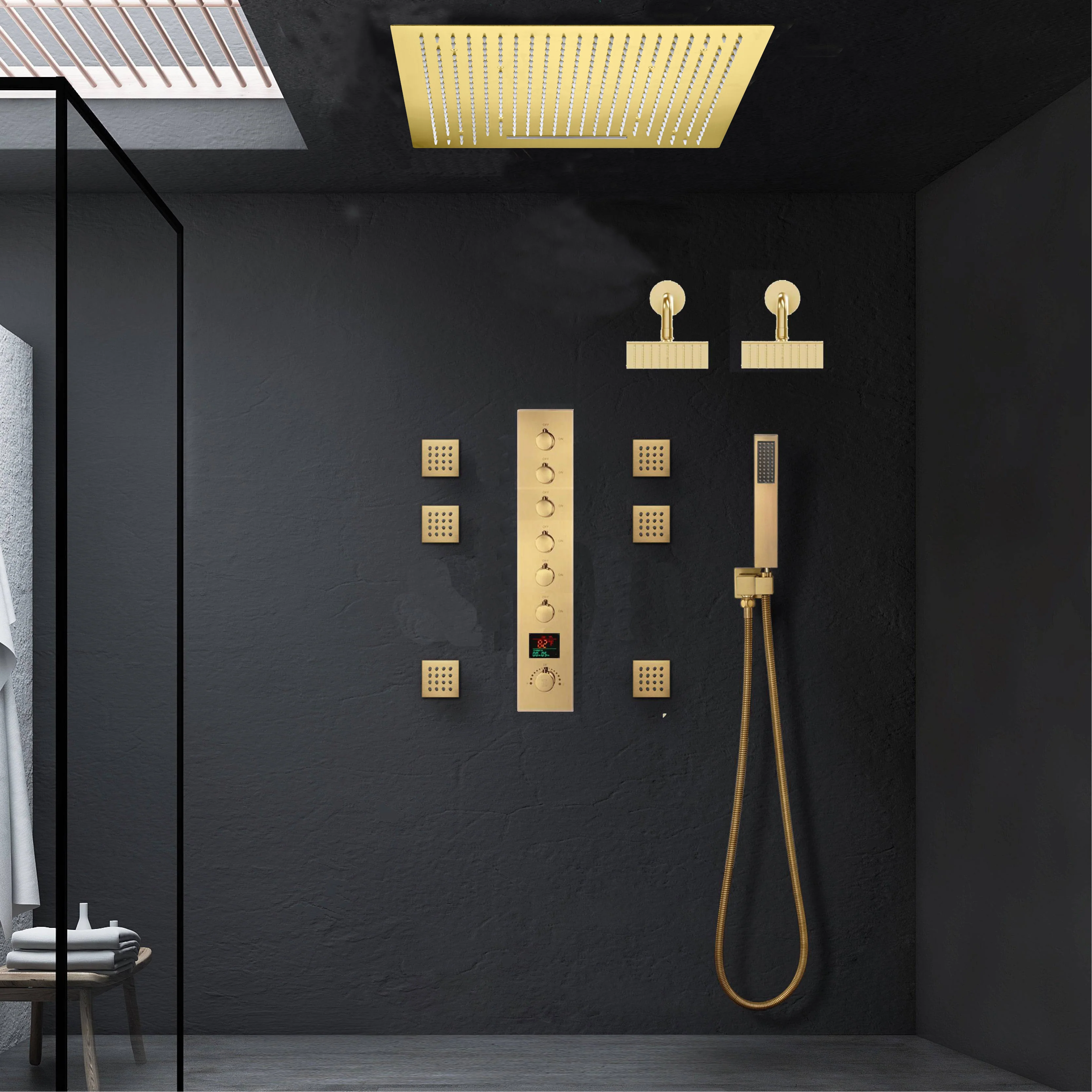 Brushed Gold Ceiling Mount 20'' Or 24'' rainfall waterfall Shower Head with 6-Way Digital Display Thermostatic Control, Dual Regular Heads & Body Sprayers - Image 6