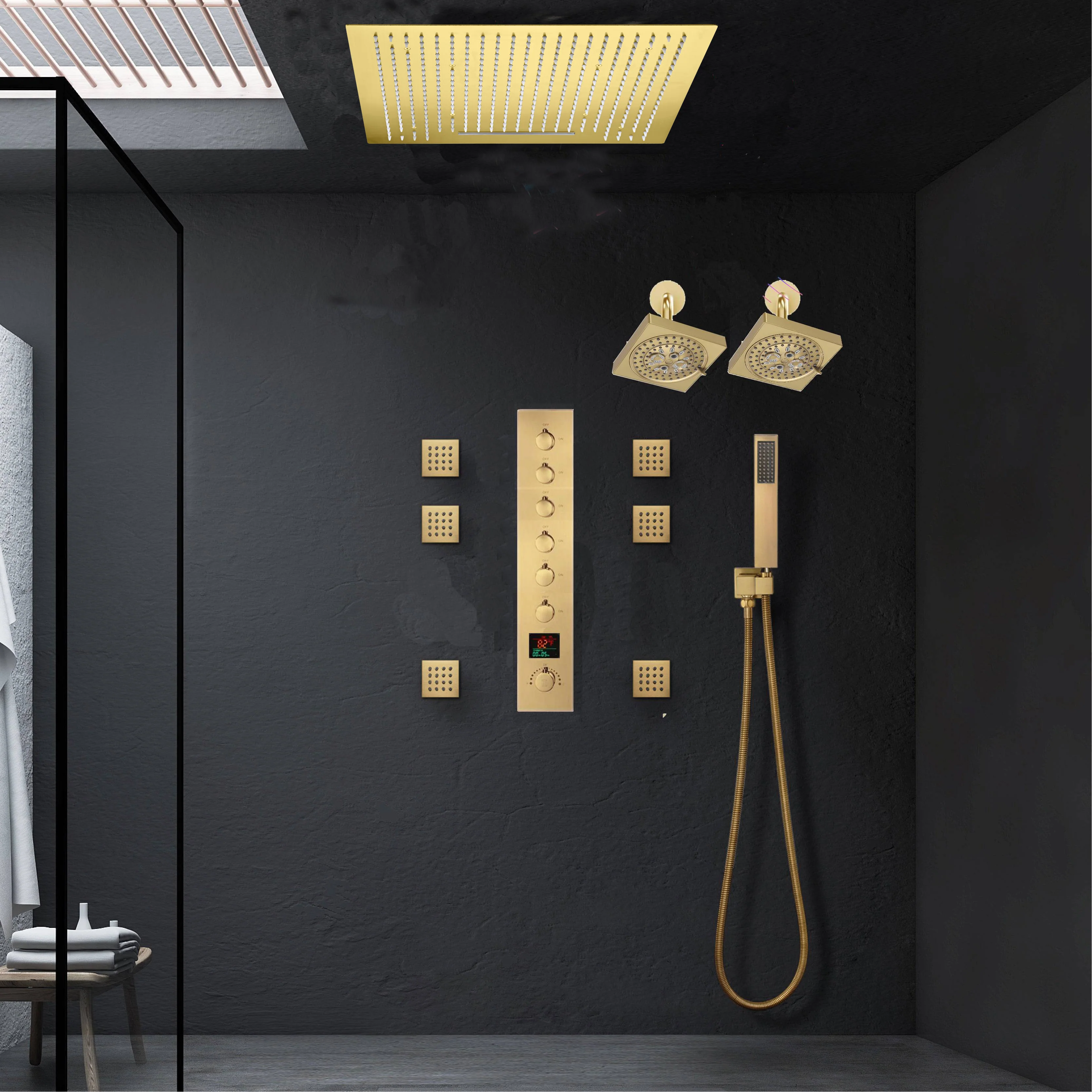 Brushed Gold Ceiling Mount 20'' Or 24'' rainfall waterfall Shower Head with 6-Way Digital Display Thermostatic Control, Dual Regular Heads & Body Sprayers - Image 7