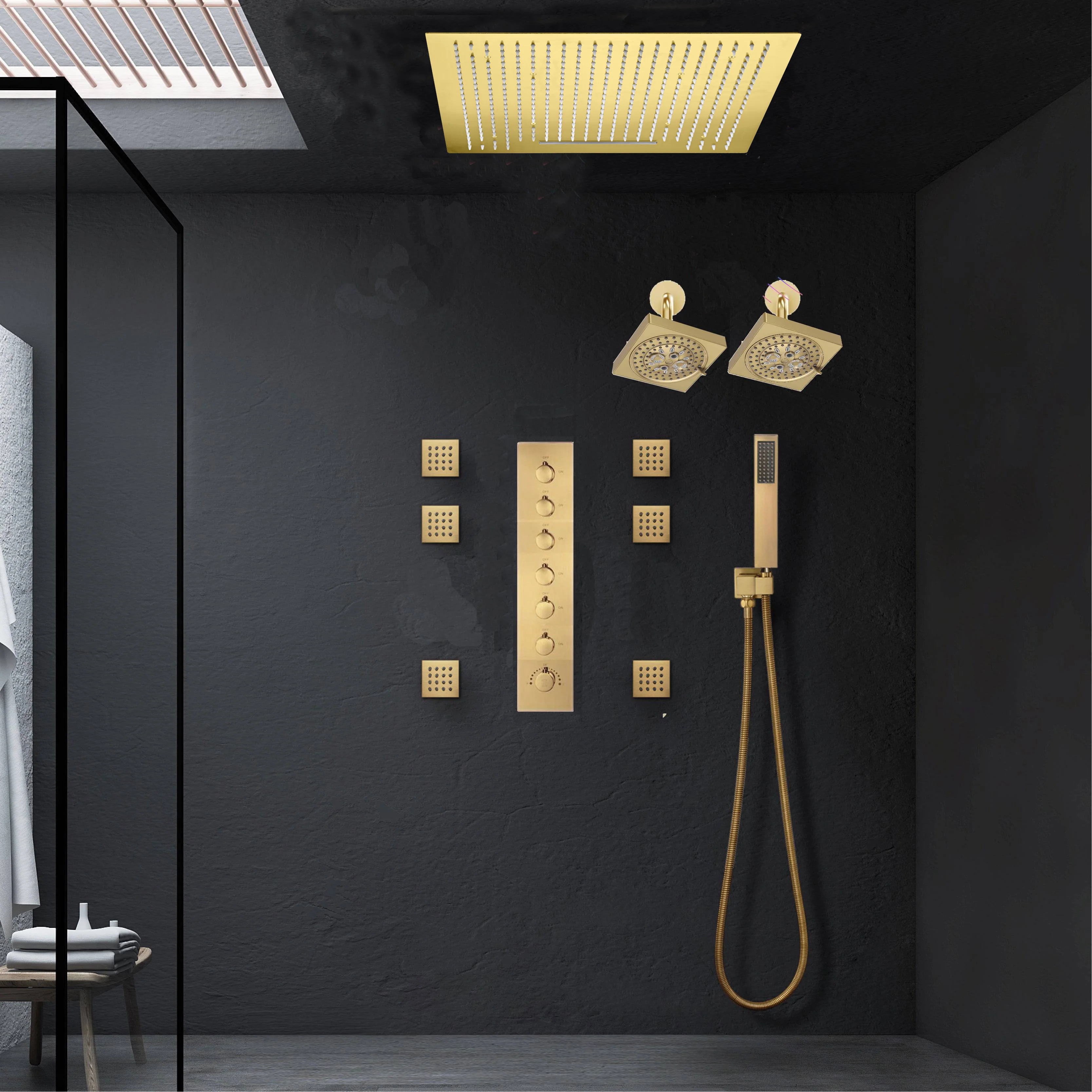 Brushed Gold Ceiling Mount 20'' Or 24'' rainfall waterfall Shower Head with 6-Way Digital Display Thermostatic Control, Dual Regular Heads & Body Sprayers - Image 8