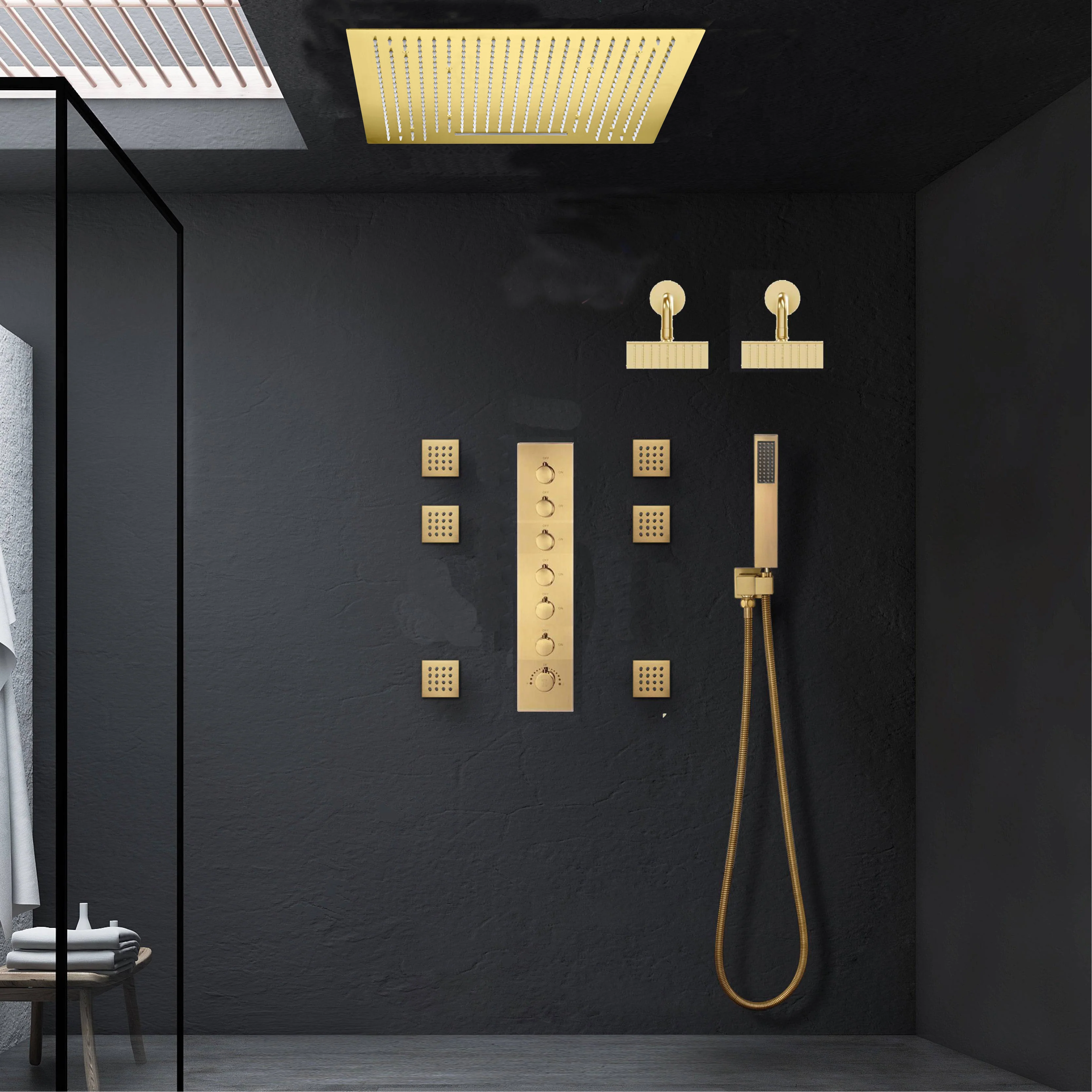 Brushed Gold Ceiling Mount 20'' Or 24'' rainfall waterfall Shower Head with 6-Way Digital Display Thermostatic Control, Dual Regular Heads & Body Sprayers - Image 9