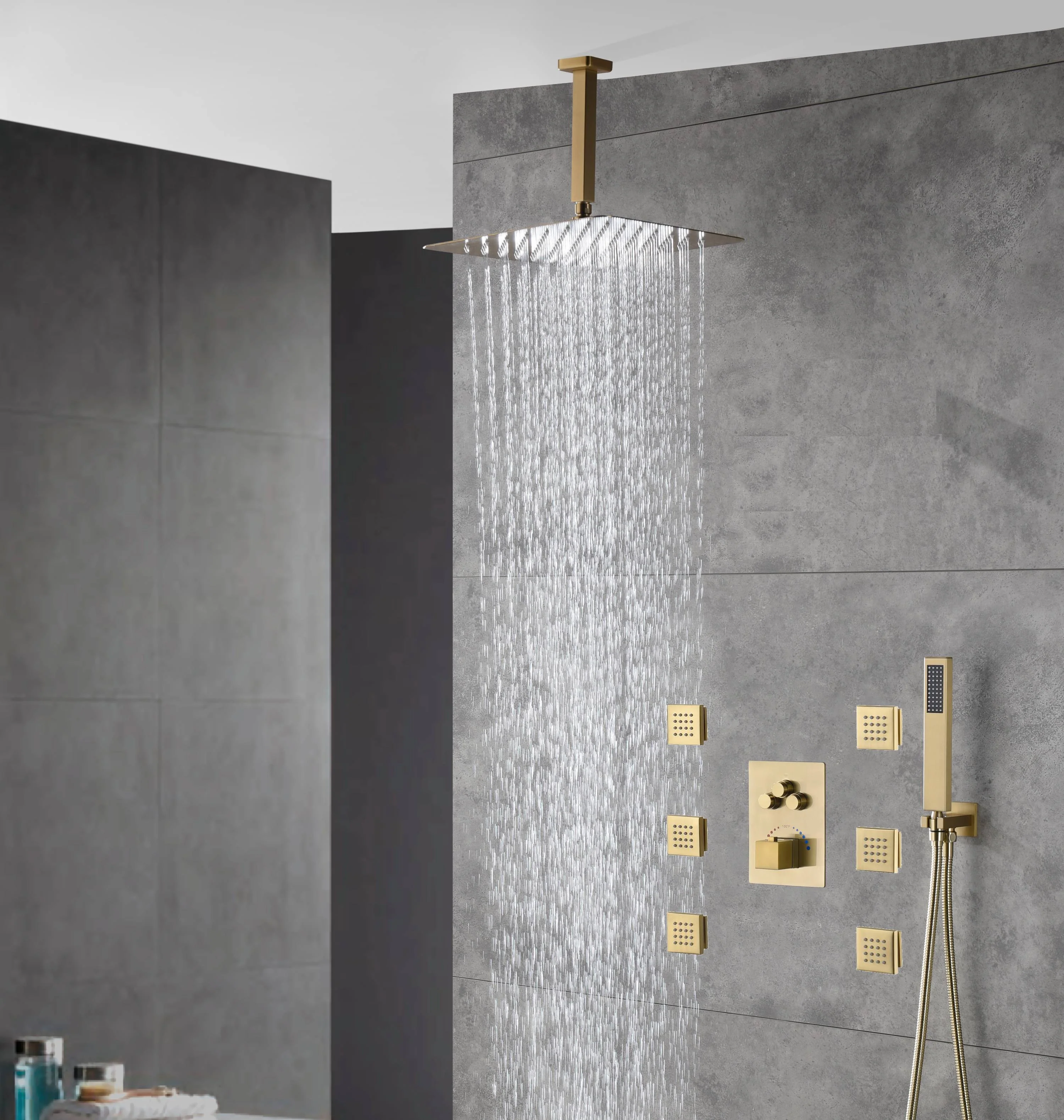 Brushed Gold 12'' or 16'' Ceiling-Mounted 3-Way Shower System with Body Jets - Image 3