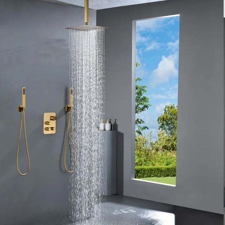 Brushed Gold Ceiling-Mounted 3 Way Shower Faucet with or without Digital Display, Optional 16'' or 12'' Rain Head with Dual Handle Showers - Image 2
