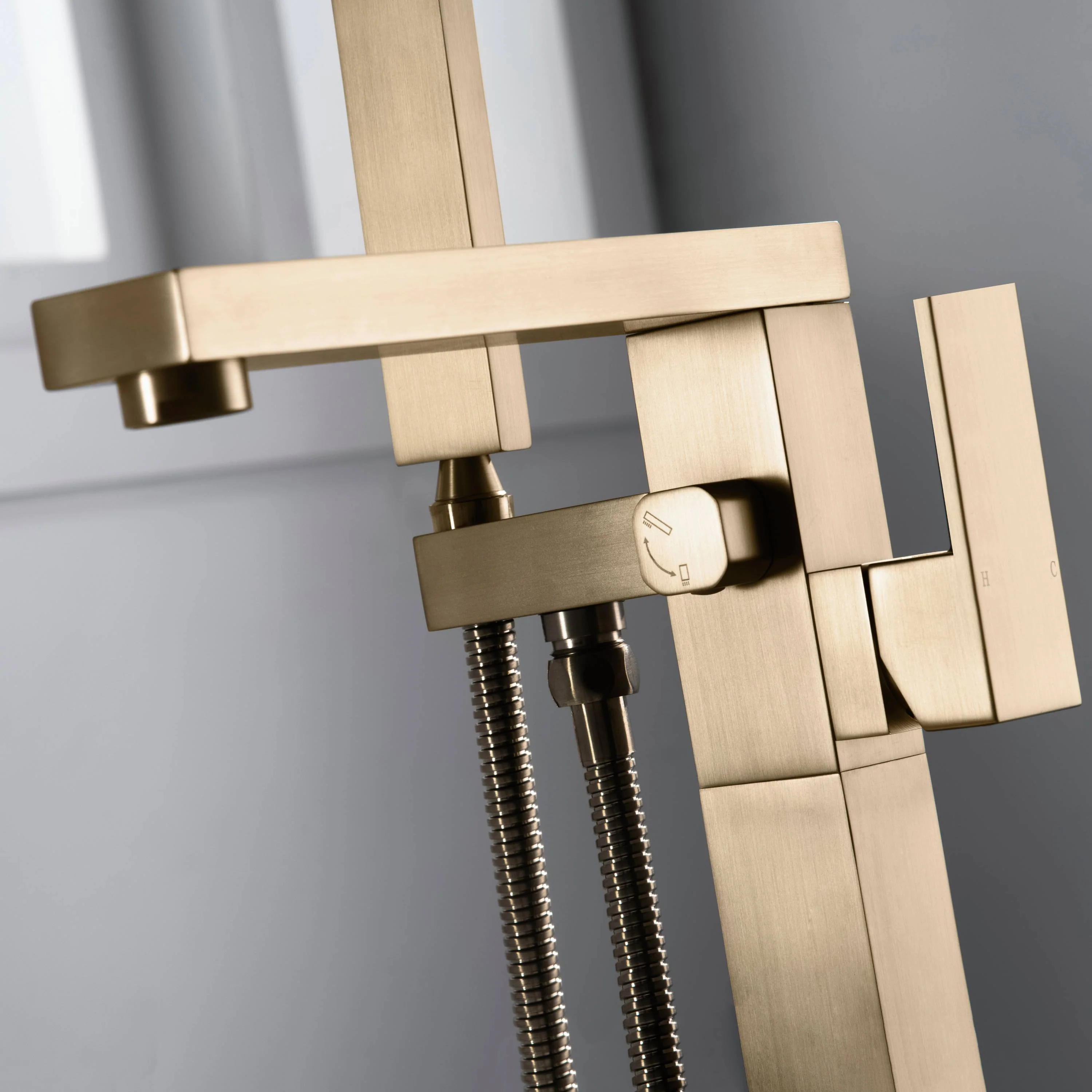 Brushed Gold Finish Floor Mount Freestanding Tub Filler Faucet: Complete with a Single Handle and Hand Shower - Image 3