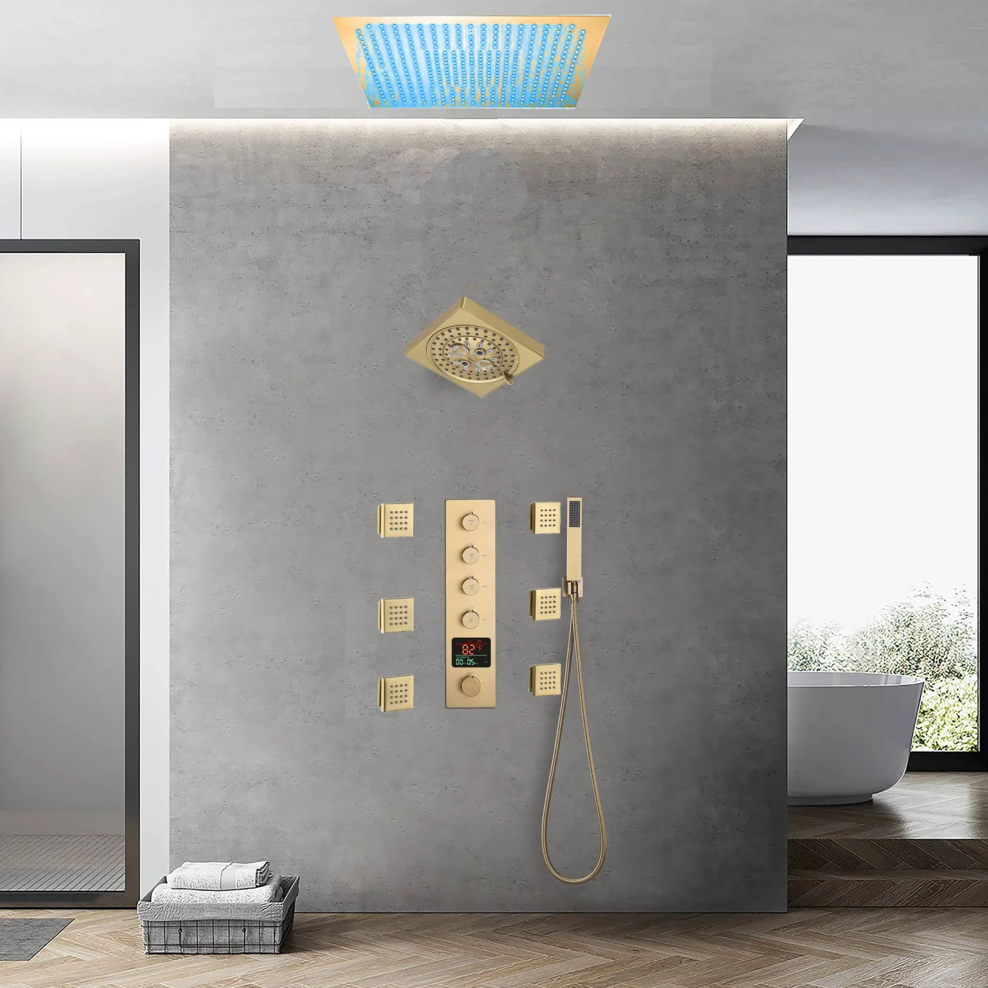 Flush Mount Rainfall Shower Head with 4-Way Digital Faucet, Body Jets, Regular Head - Image 2