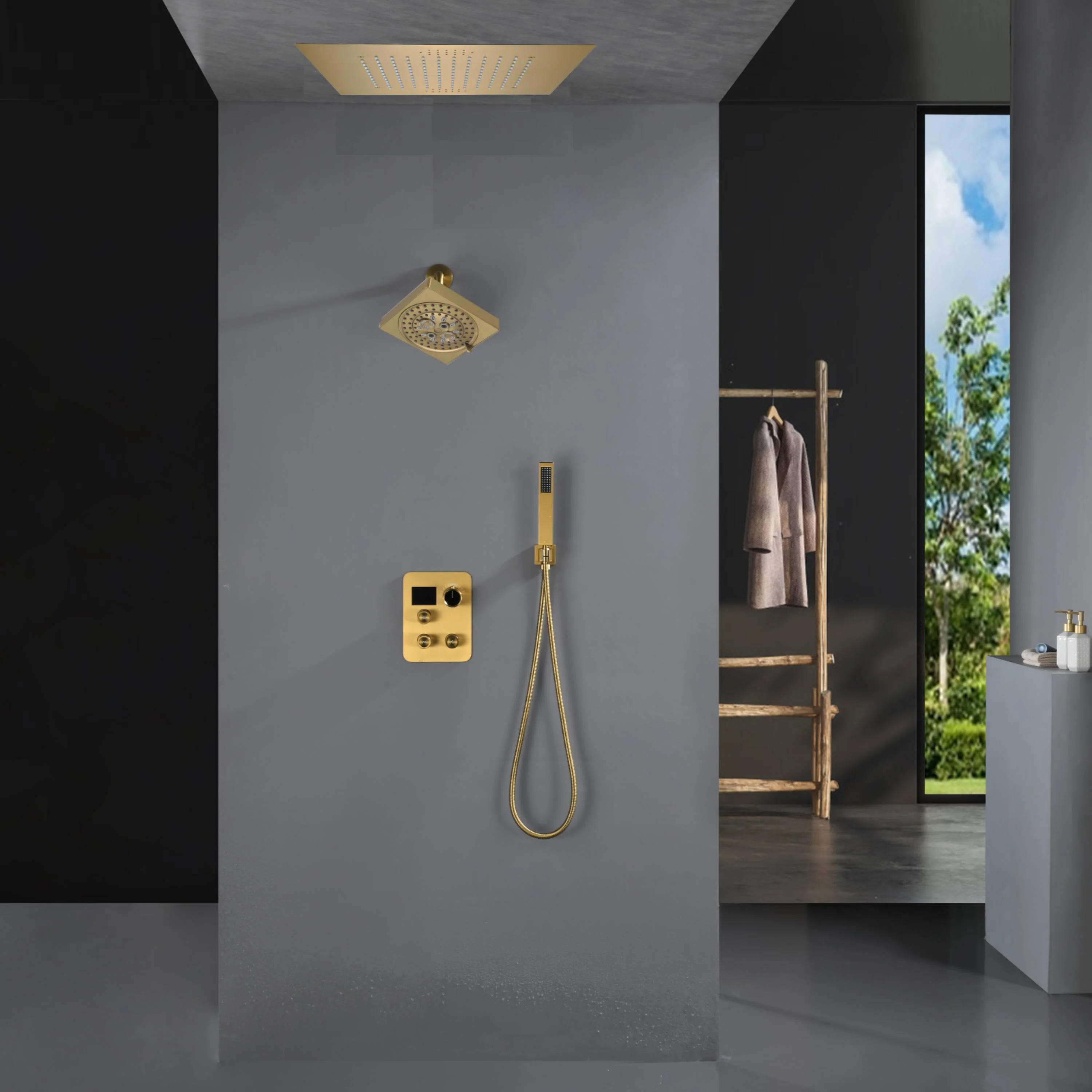 Brushed Gold 3-Way Thermostatic Shower Faucet with Optional Digital Display, 20-inch Flush-Mounted LED-Lit Bluetooth Music Shower Head and Regular Head - Image 2