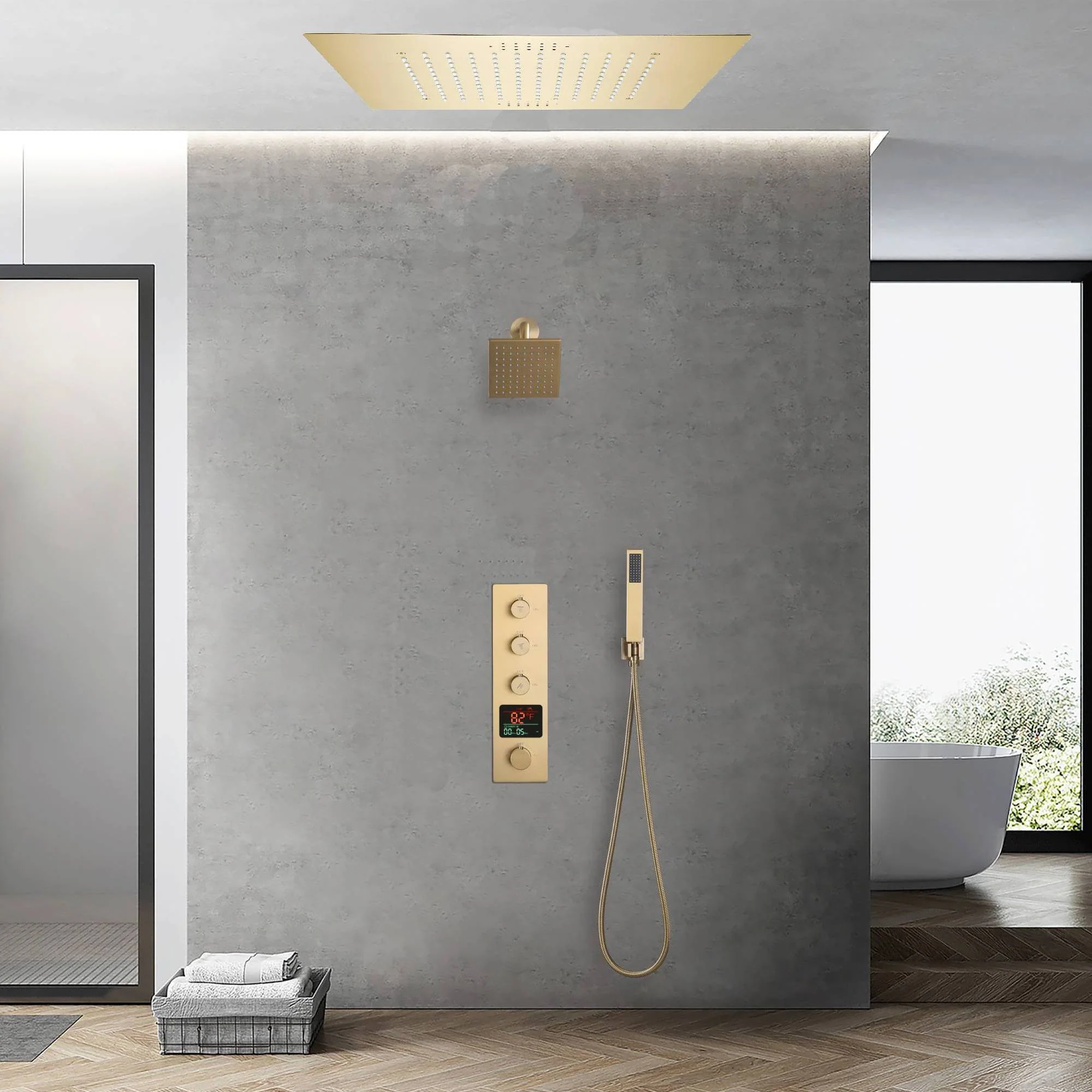 Brushed Gold 3-Way Thermostatic Shower Faucet with Optional Digital Display, 20-inch Flush-Mounted LED-Lit Bluetooth Music Shower Head and Regular Head - Image 3