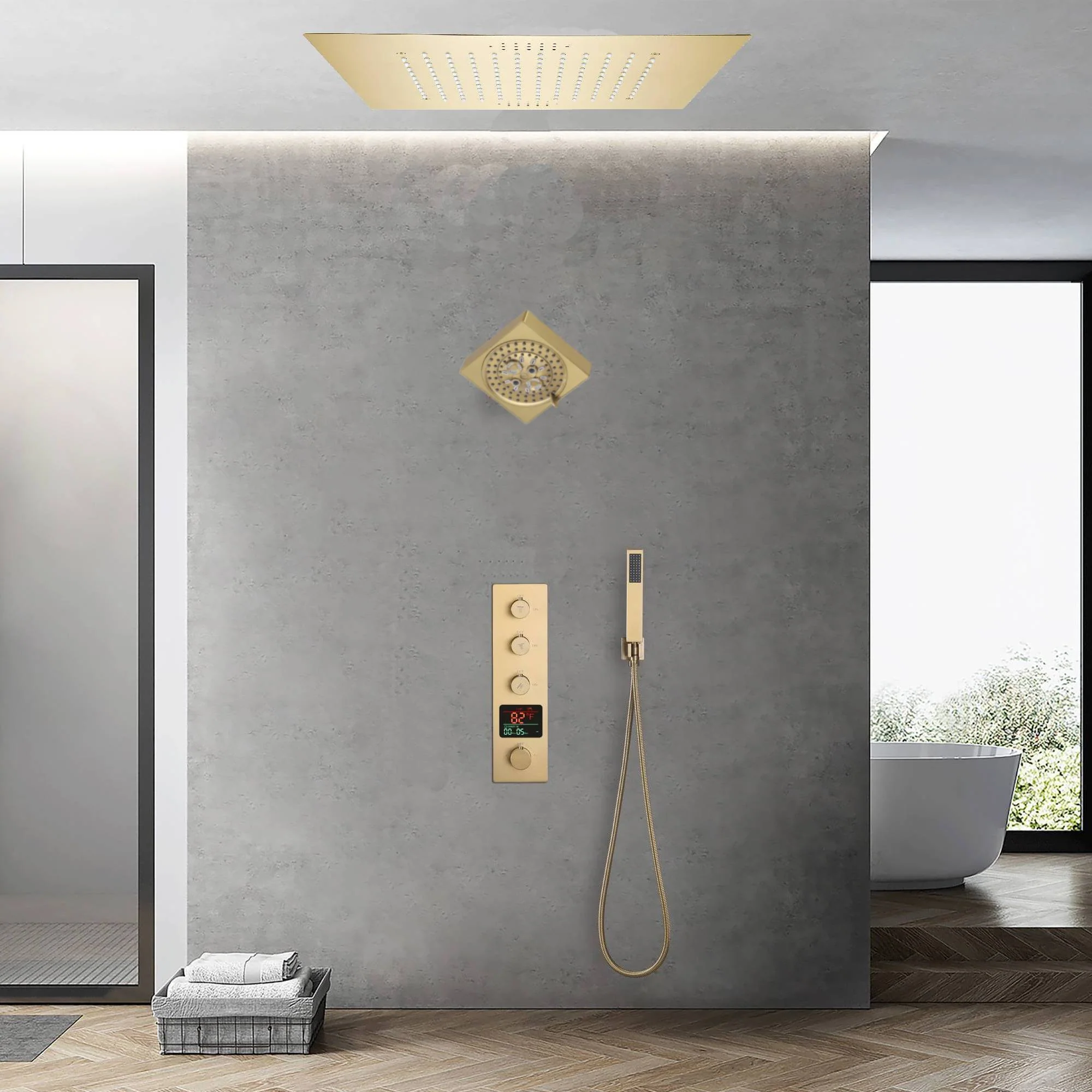 Brushed Gold 3-Way Thermostatic Shower Faucet with Optional Digital Display, 20-inch Flush-Mounted LED-Lit Bluetooth Music Shower Head and Regular Head - Image 4