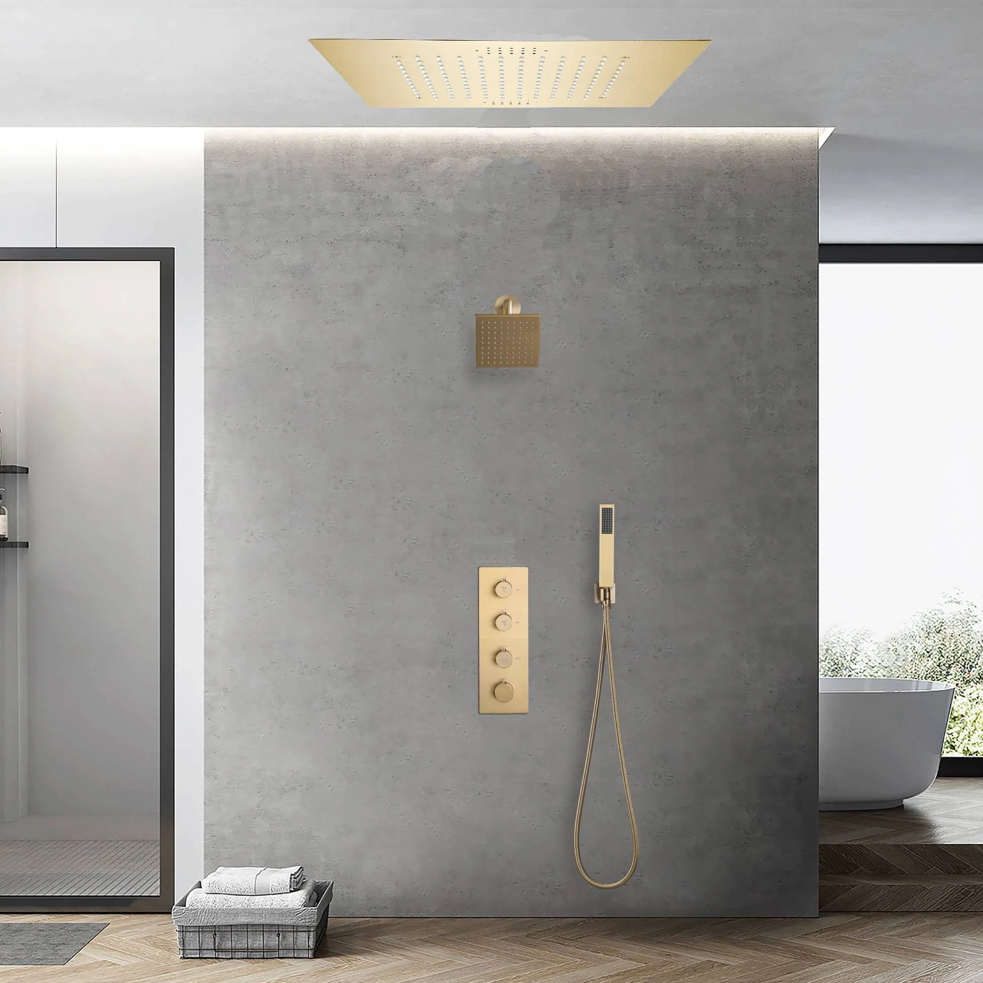 Brushed Gold 3-Way Thermostatic Shower Faucet with Optional Digital Display, 20-inch Flush-Mounted LED-Lit Bluetooth Music Shower Head and Regular Head - Image 5