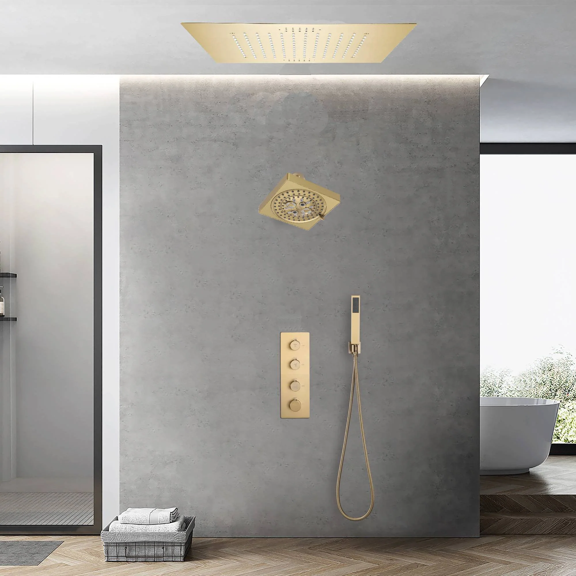 Brushed Gold 3-Way Thermostatic Shower Faucet with Optional Digital Display, 20-inch Flush-Mounted LED-Lit Bluetooth Music Shower Head and Regular Head - Image 6