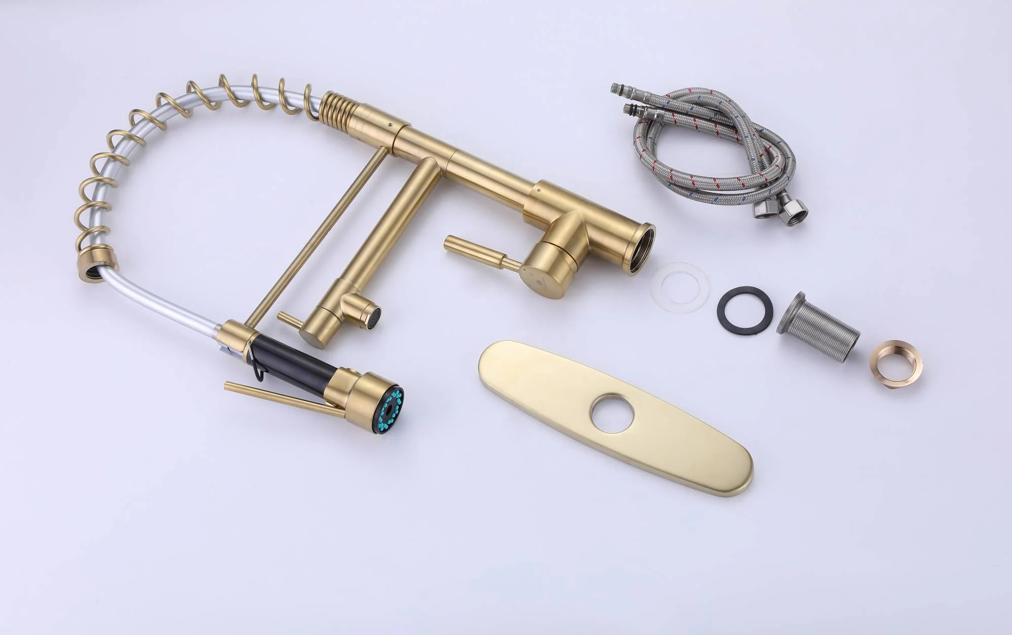 Brushed Gold High Arc brass Kitchen Sink Faucet Pull Down Spray with lock ring and deck plate - Image 3