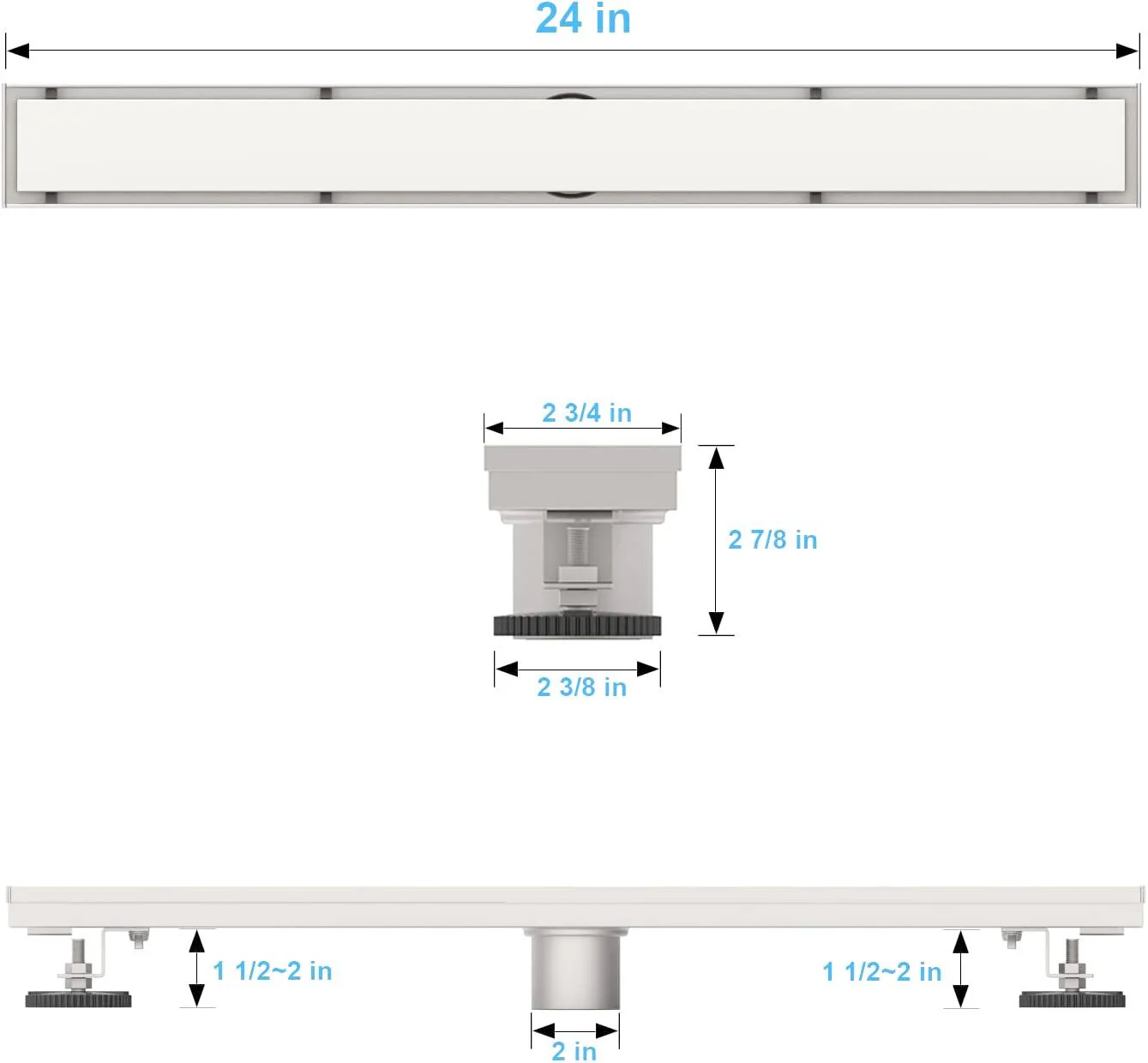 Brushed nickel Linear shower drain stainless steel material 24 inch with tile insert 2-in-1 cover with hair strainer and adjustment feet - Image 4