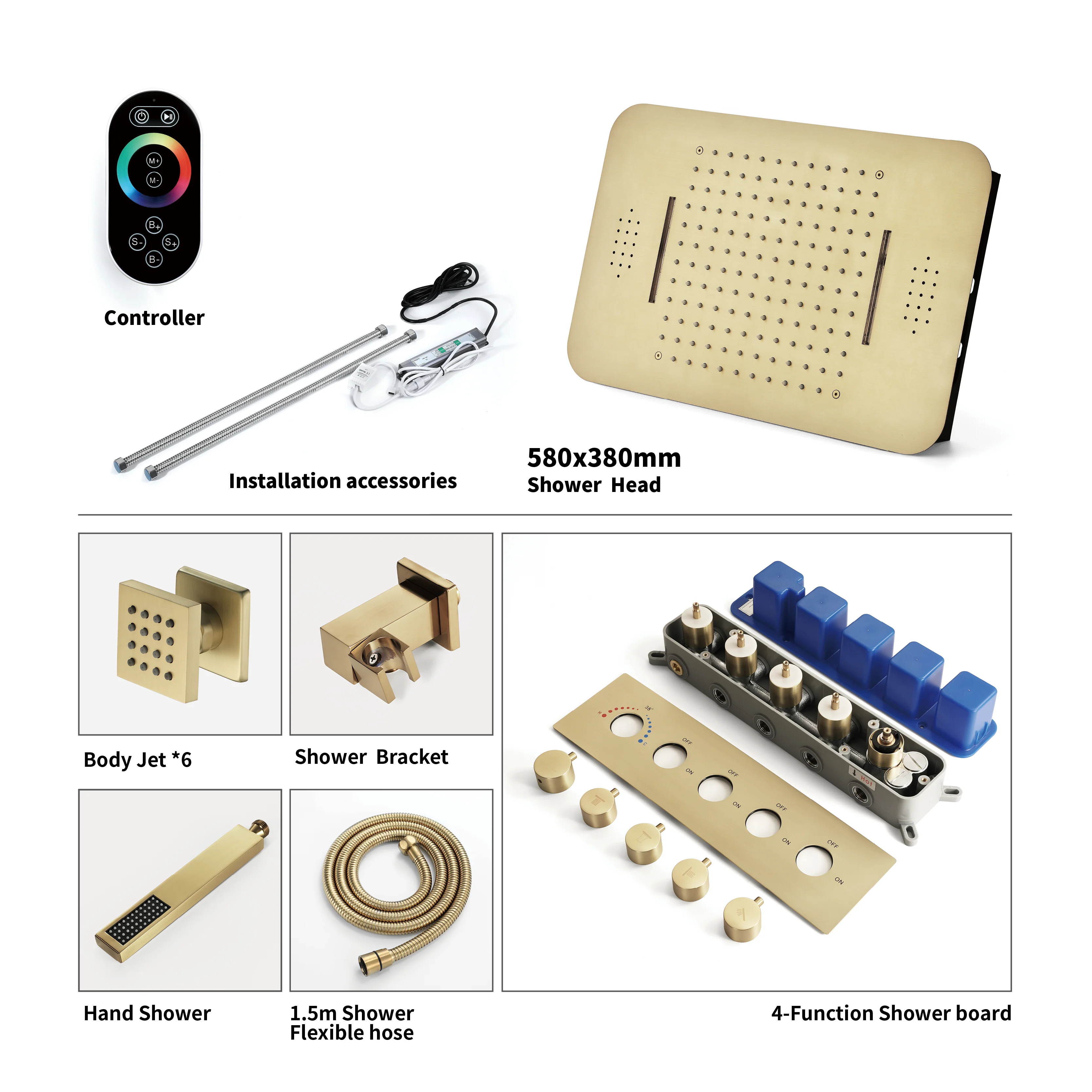 Brushed Gold 23x15" LED Music Shower Head with 4-Way Thermostatic Faucet - Image 7