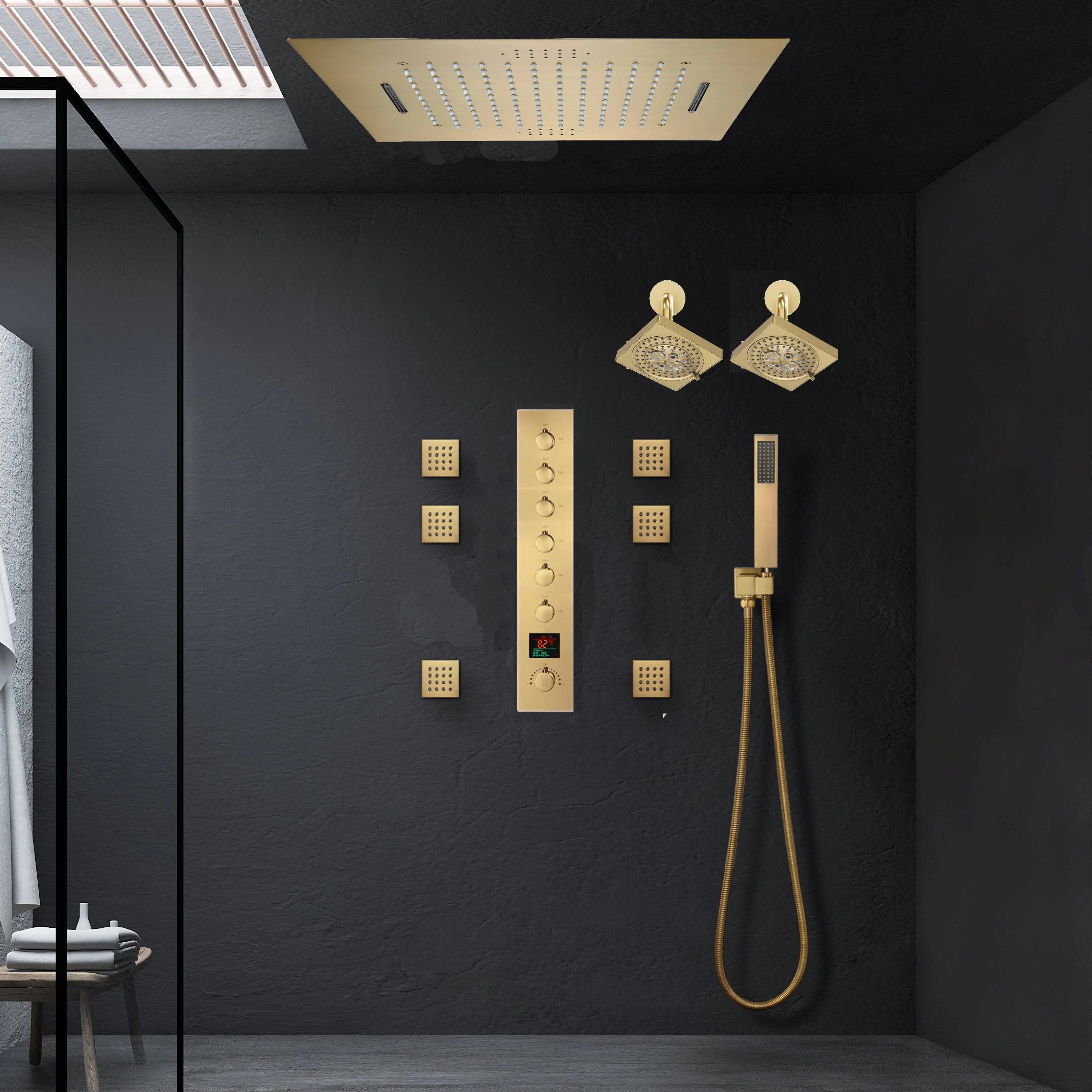 Brushed Gold LED Shower System: 23" x 15" or 20" x 20" Flush Mount with 6-Way Control - Image 2
