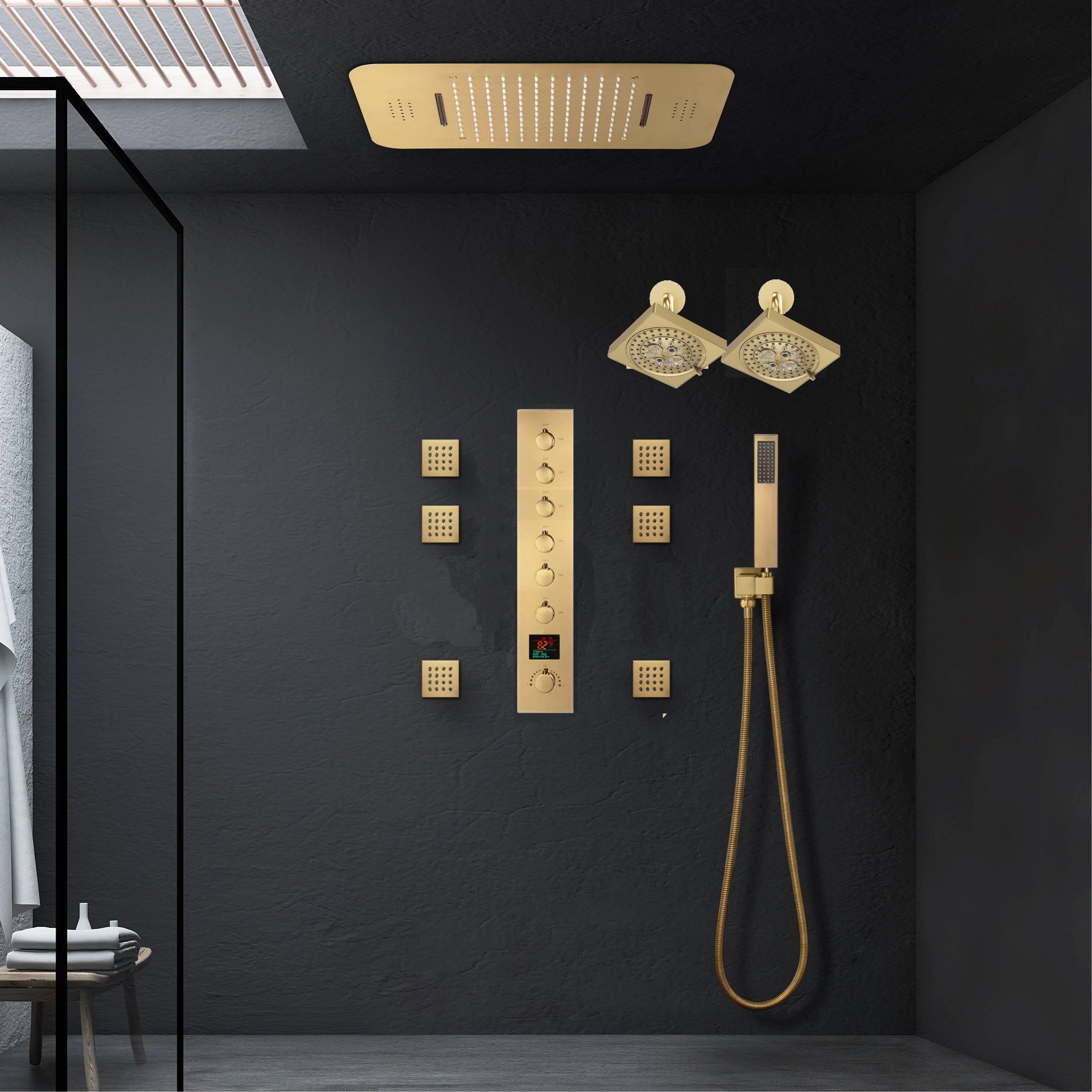 Brushed Gold LED Shower System: 23" x 15" or 20" x 20" Flush Mount with 6-Way Control - Image 3