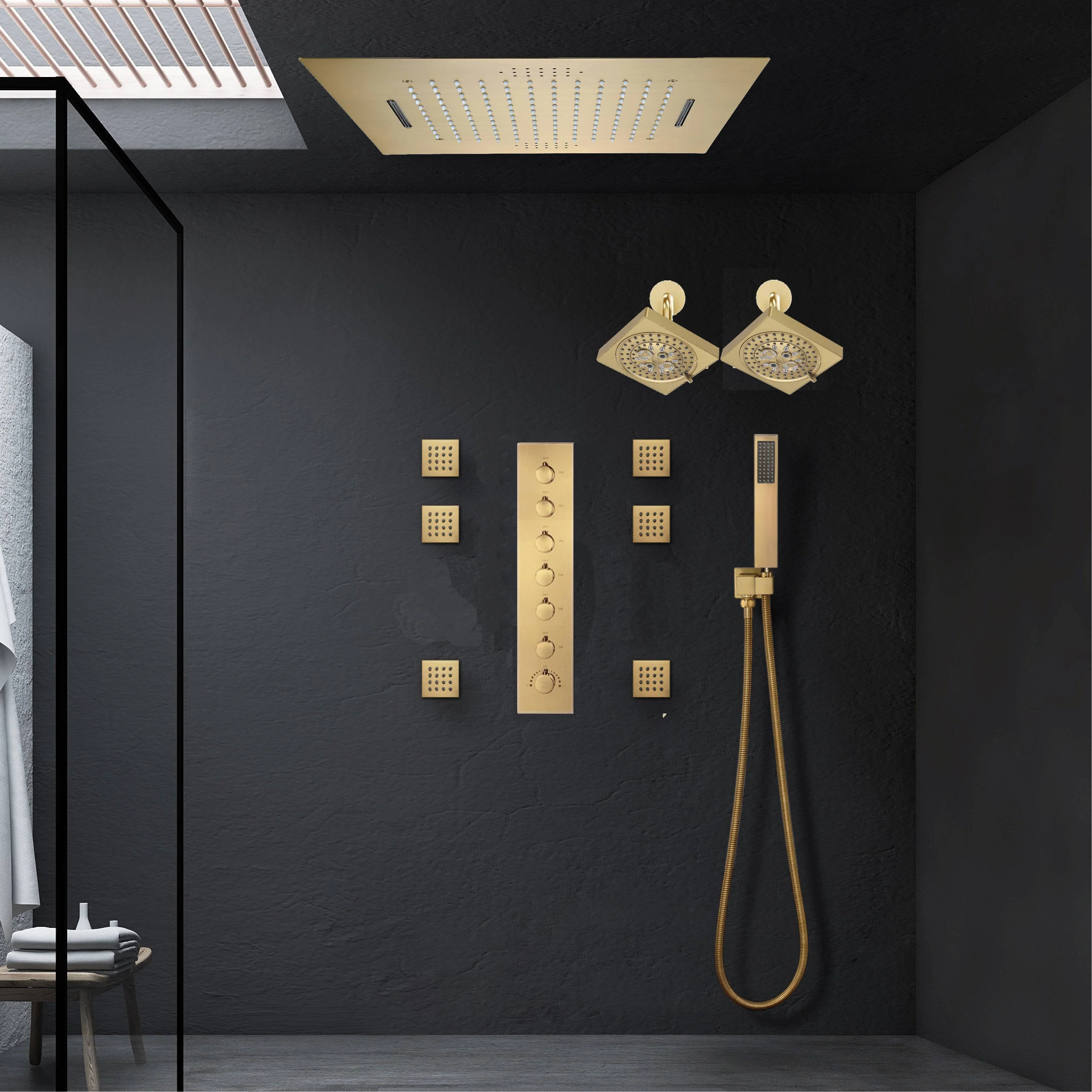Brushed Gold LED Shower System: 23" x 15" or 20" x 20" Flush Mount with 6-Way Control - Image 5