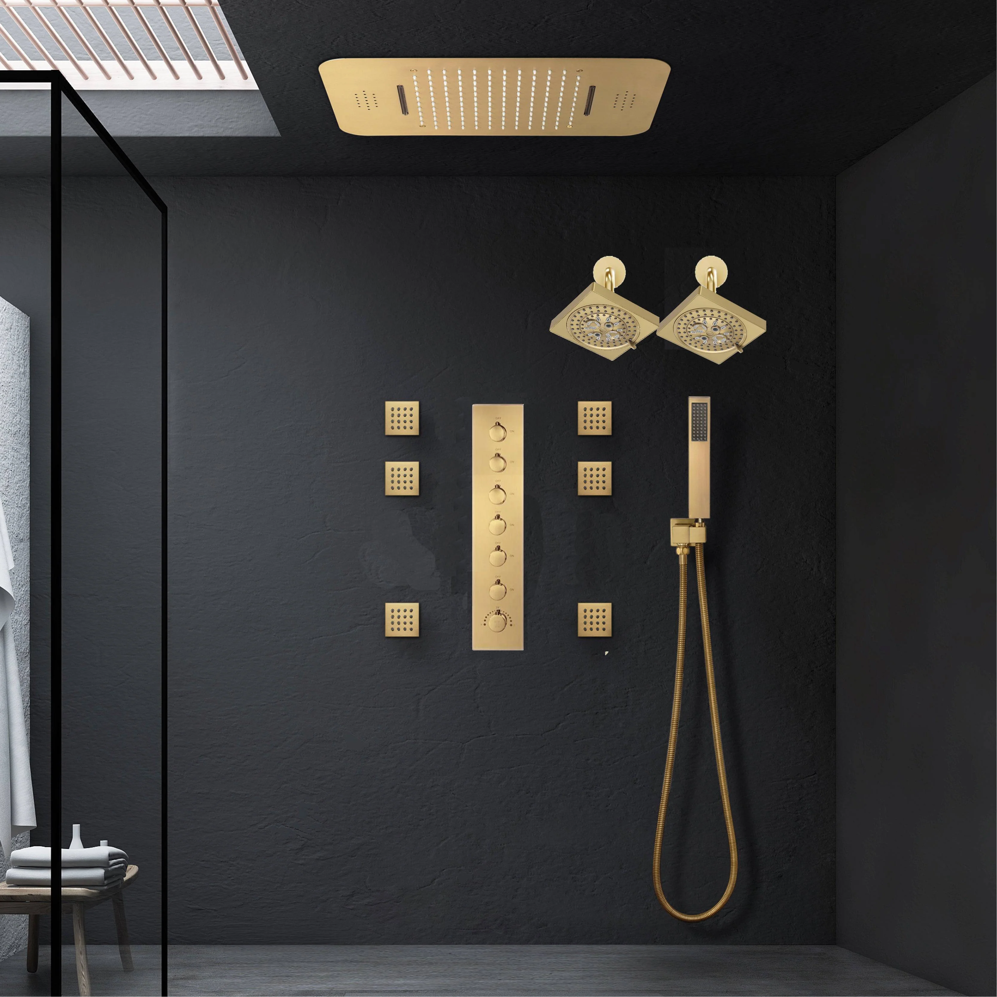 Brushed Gold LED Shower System: 23" x 15" or 20" x 20" Flush Mount with 6-Way Control - Image 6