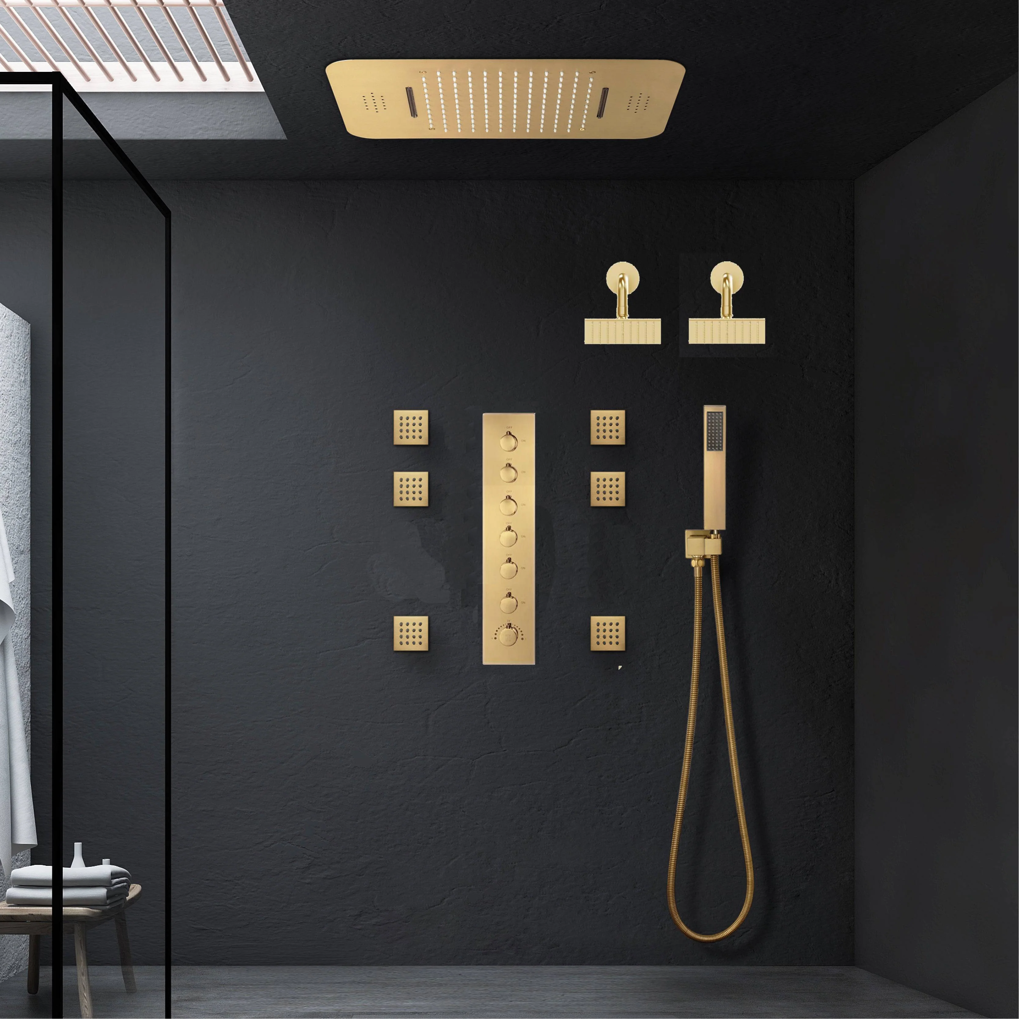 Brushed Gold LED Shower System: 23" x 15" or 20" x 20" Flush Mount with 6-Way Control - Image 7