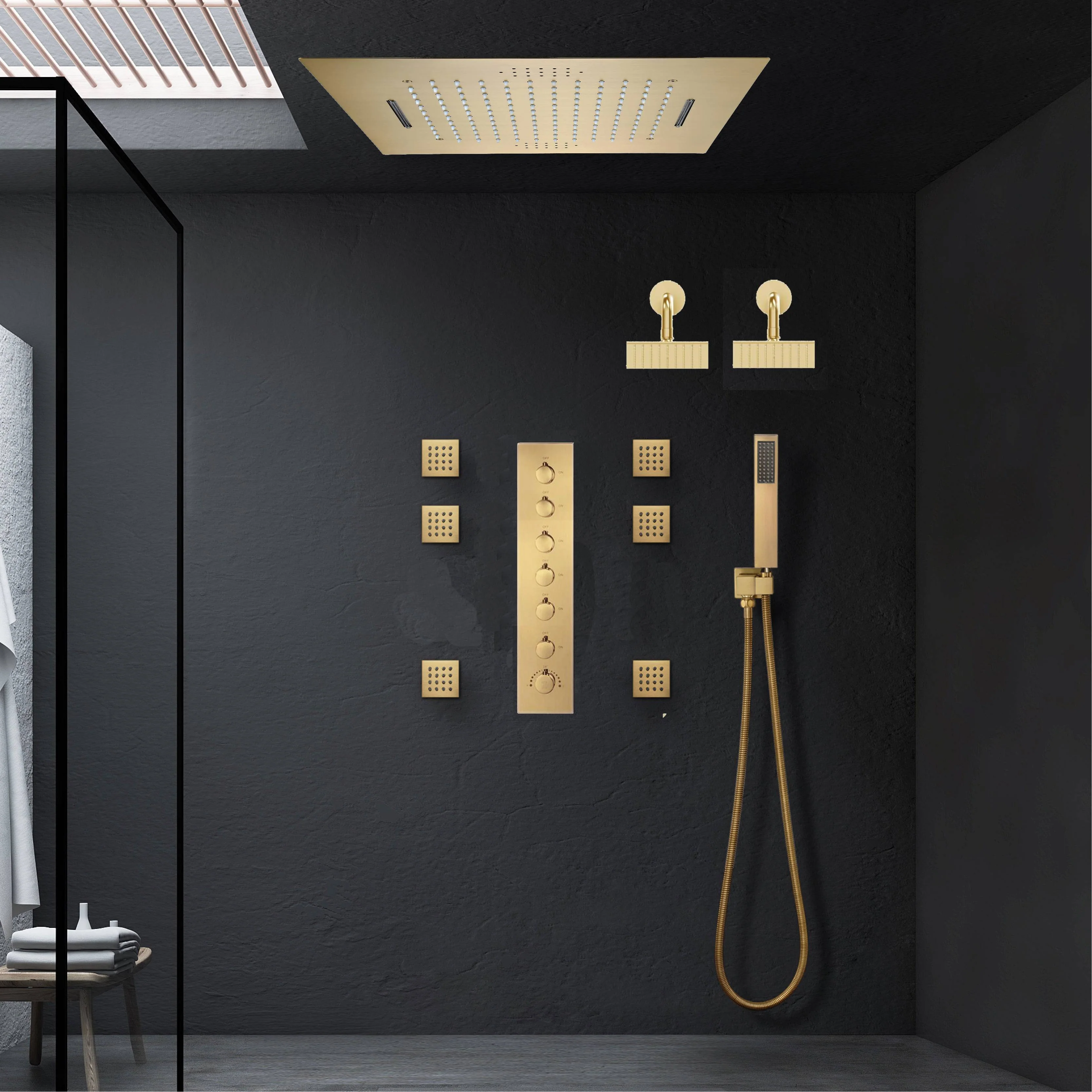 Brushed Gold LED Shower System: 23" x 15" or 20" x 20" Flush Mount with 6-Way Control - Image 8