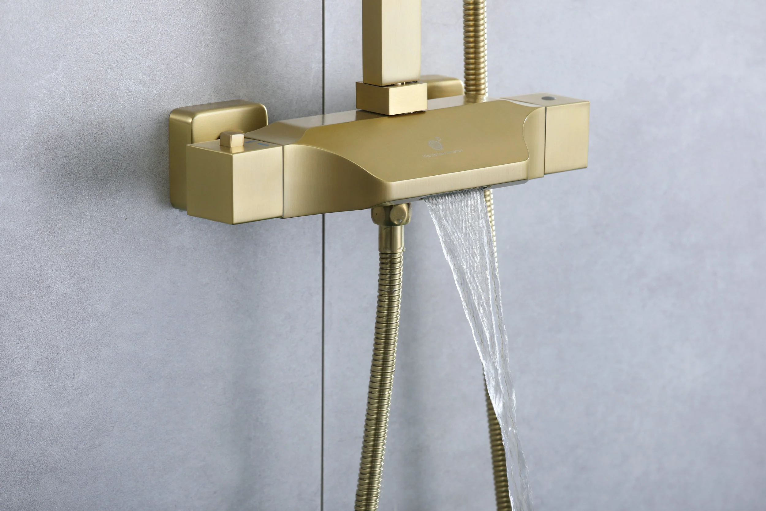 Luxurious Brushed Gold Or Matte black Wall-Mounted Thermostatic Rain Exposed Shower Set with Tub Spout - Image 3