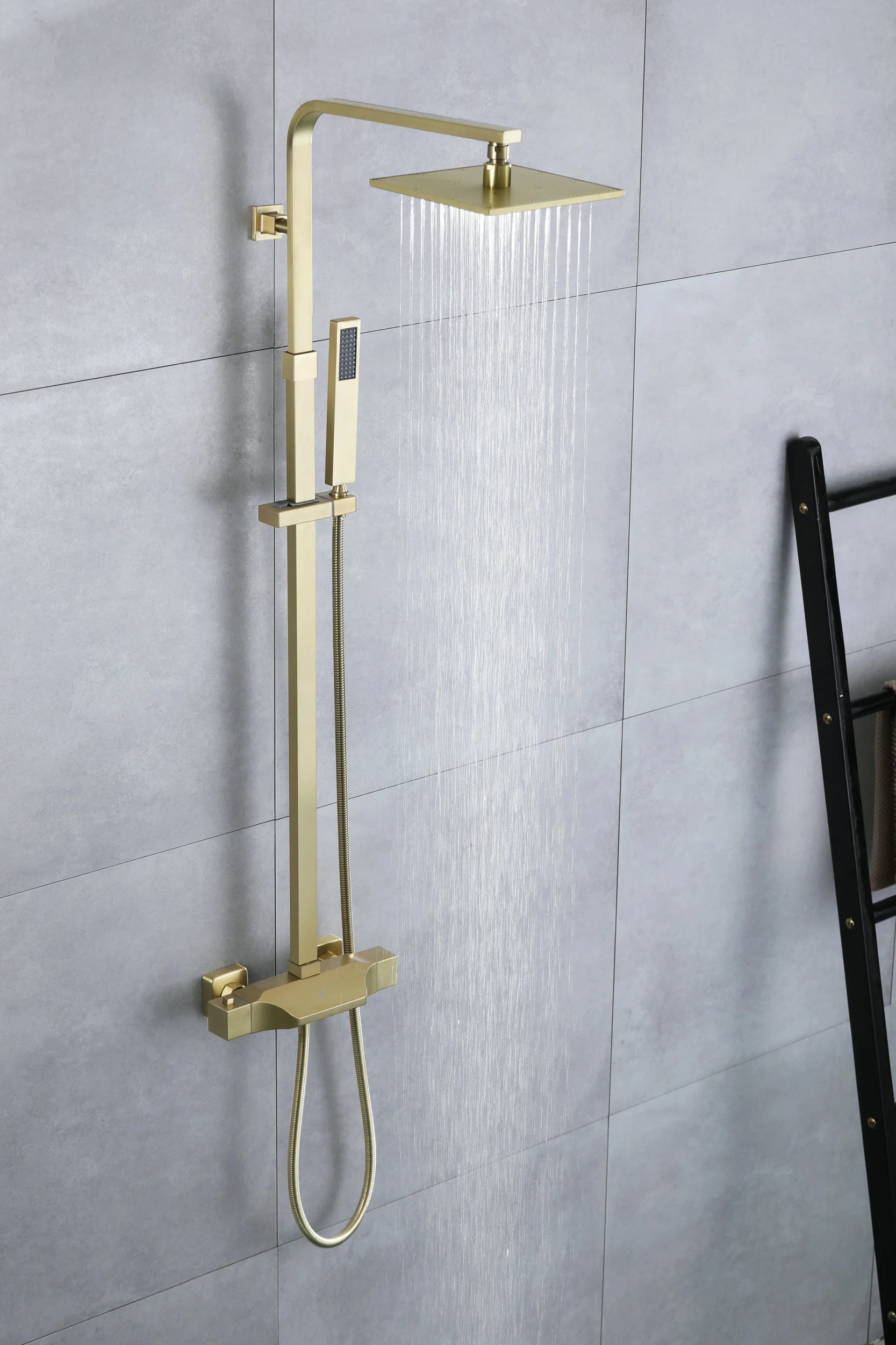 Luxurious Brushed Gold Or Matte black Wall-Mounted Thermostatic Rain Exposed Shower Set with Tub Spout - Image 5