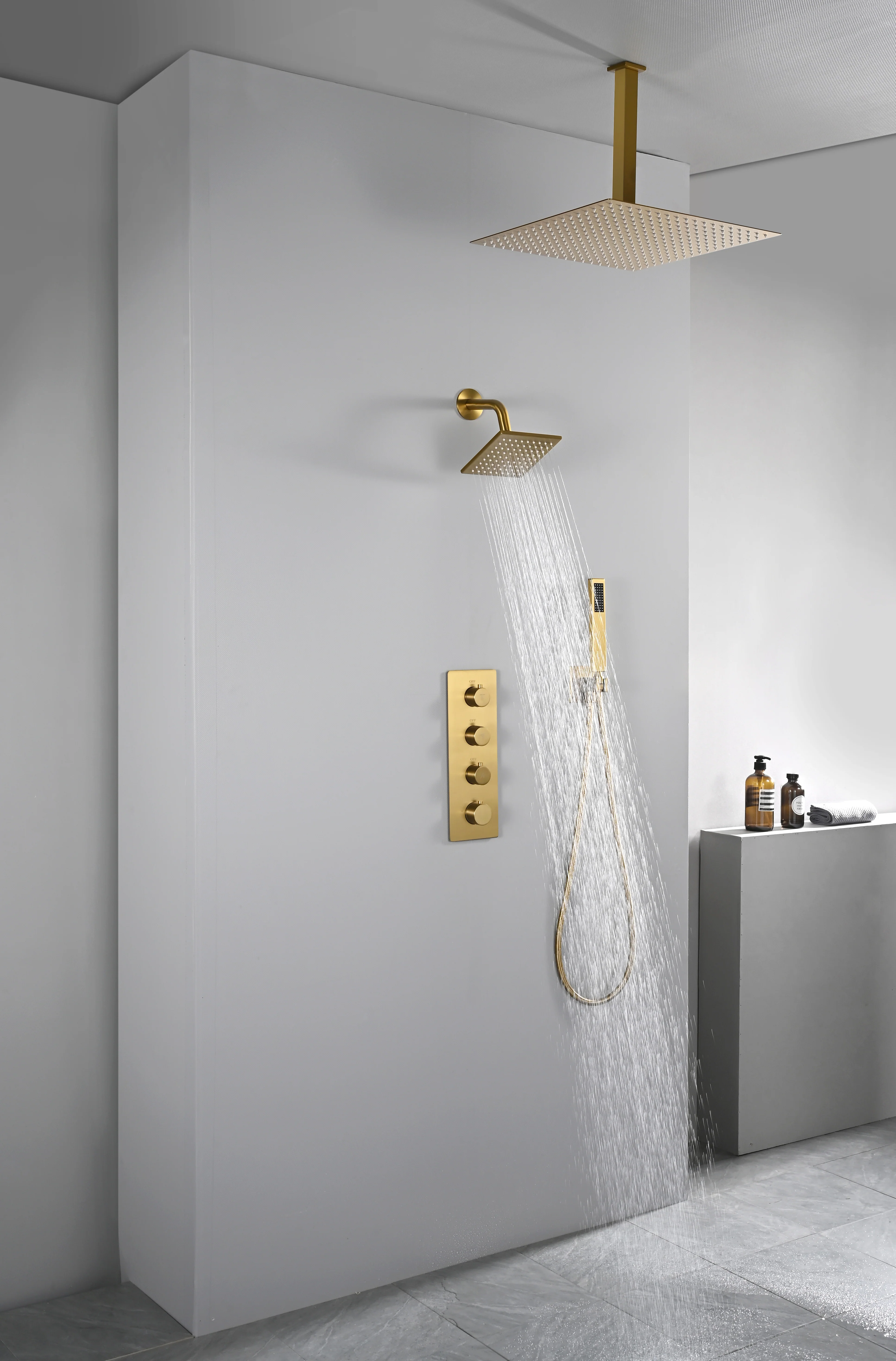 Brushed Gold High Pressure Rainfall Shower Head with 3-Way Thermostatic Shower Faucet - Simultaneous and Independent Functionality - Image 10