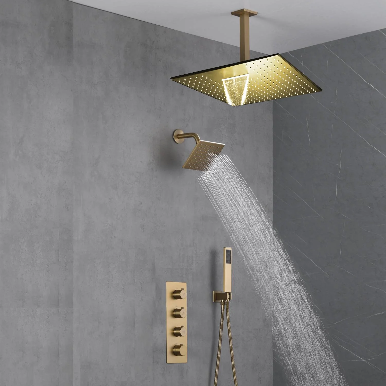 Brushed Gold High Pressure Rainfall Shower Head with 3-Way Thermostatic Shower Faucet - Simultaneous and Independent Functionality - Image 2