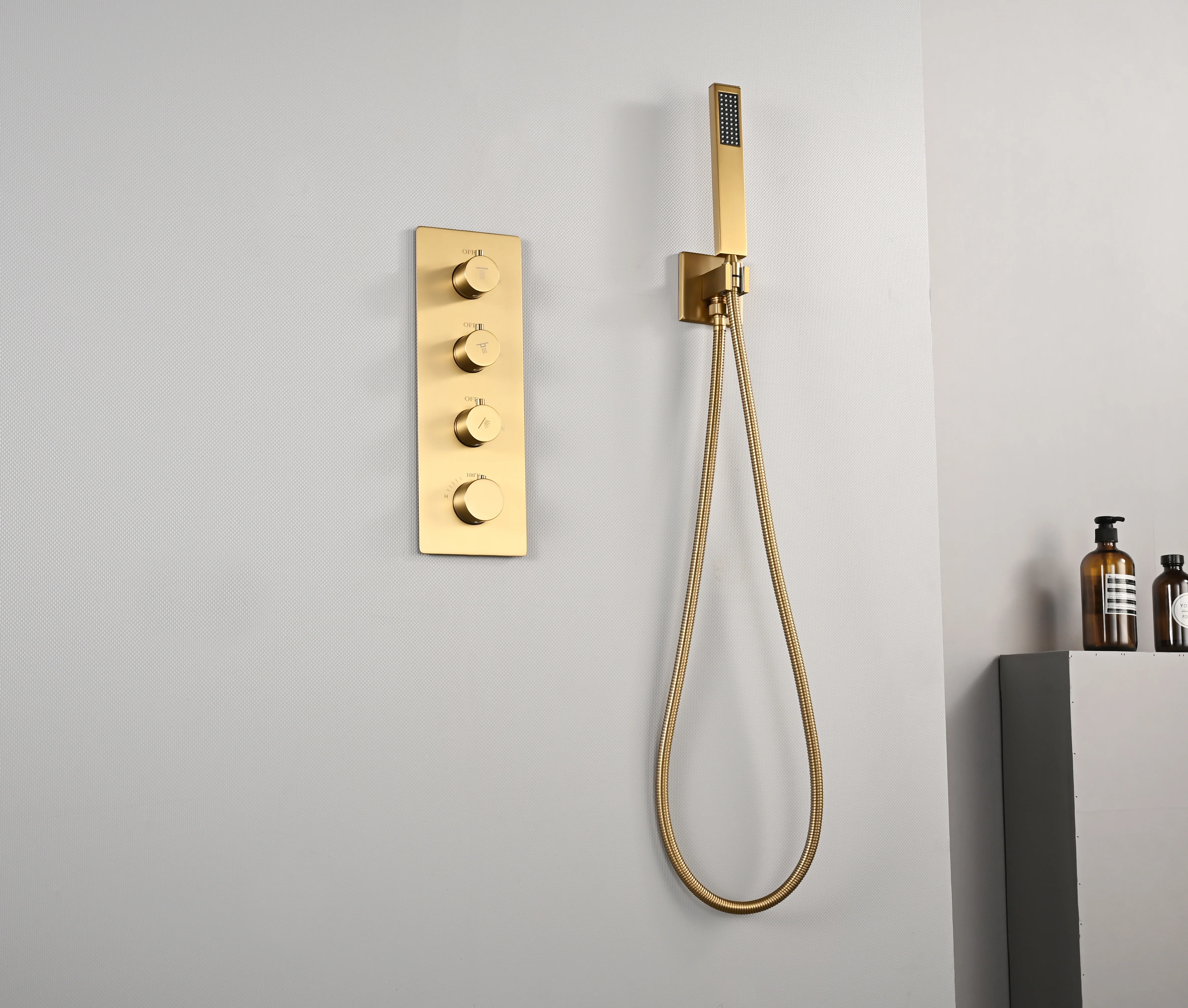 Brushed Gold High Pressure Rainfall Shower Head with 3-Way Thermostatic Shower Faucet - Simultaneous and Independent Functionality - Image 24
