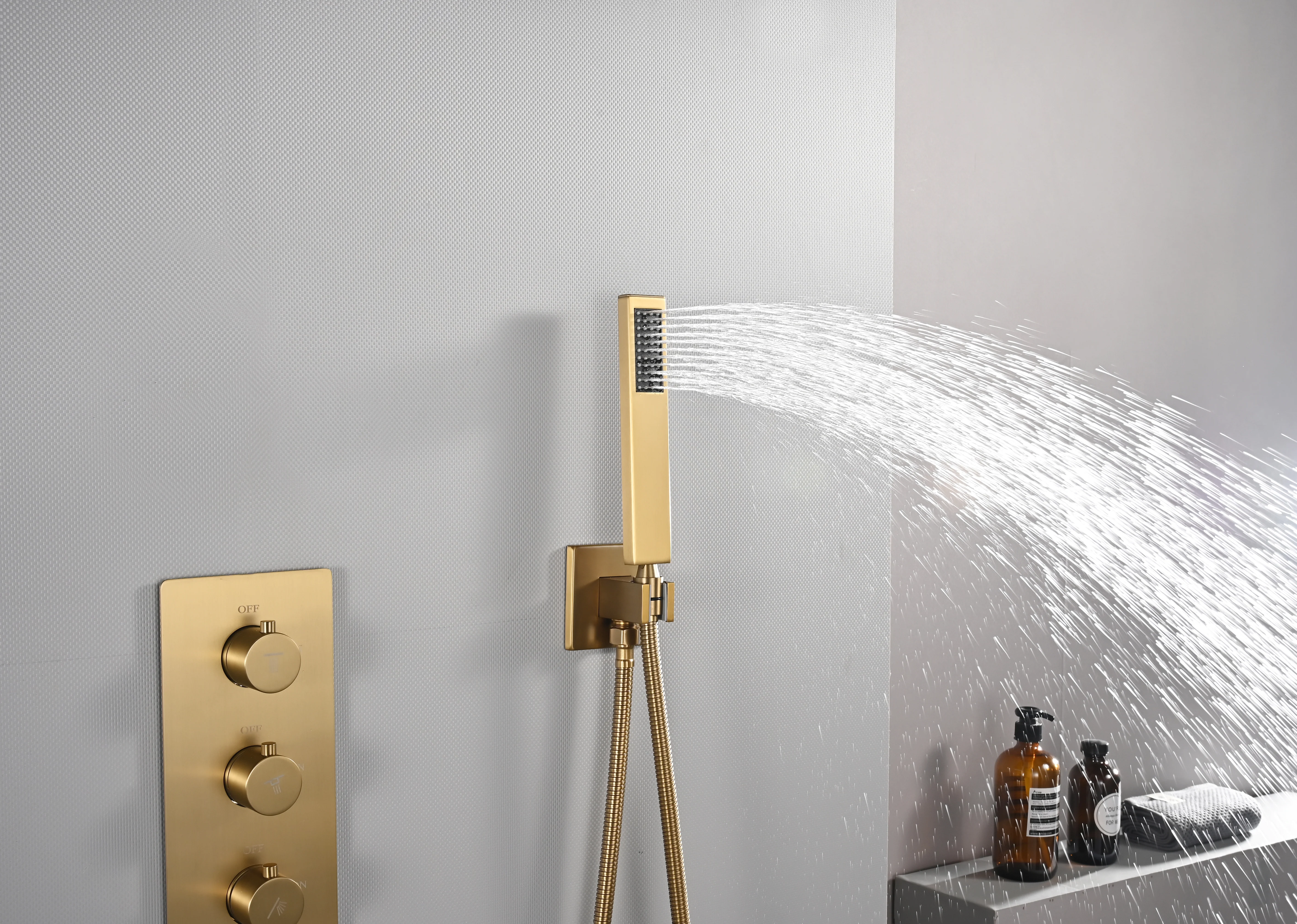 Brushed Gold High Pressure Rainfall Shower Head with 3-Way Thermostatic Shower Faucet - Simultaneous and Independent Functionality - Image 25