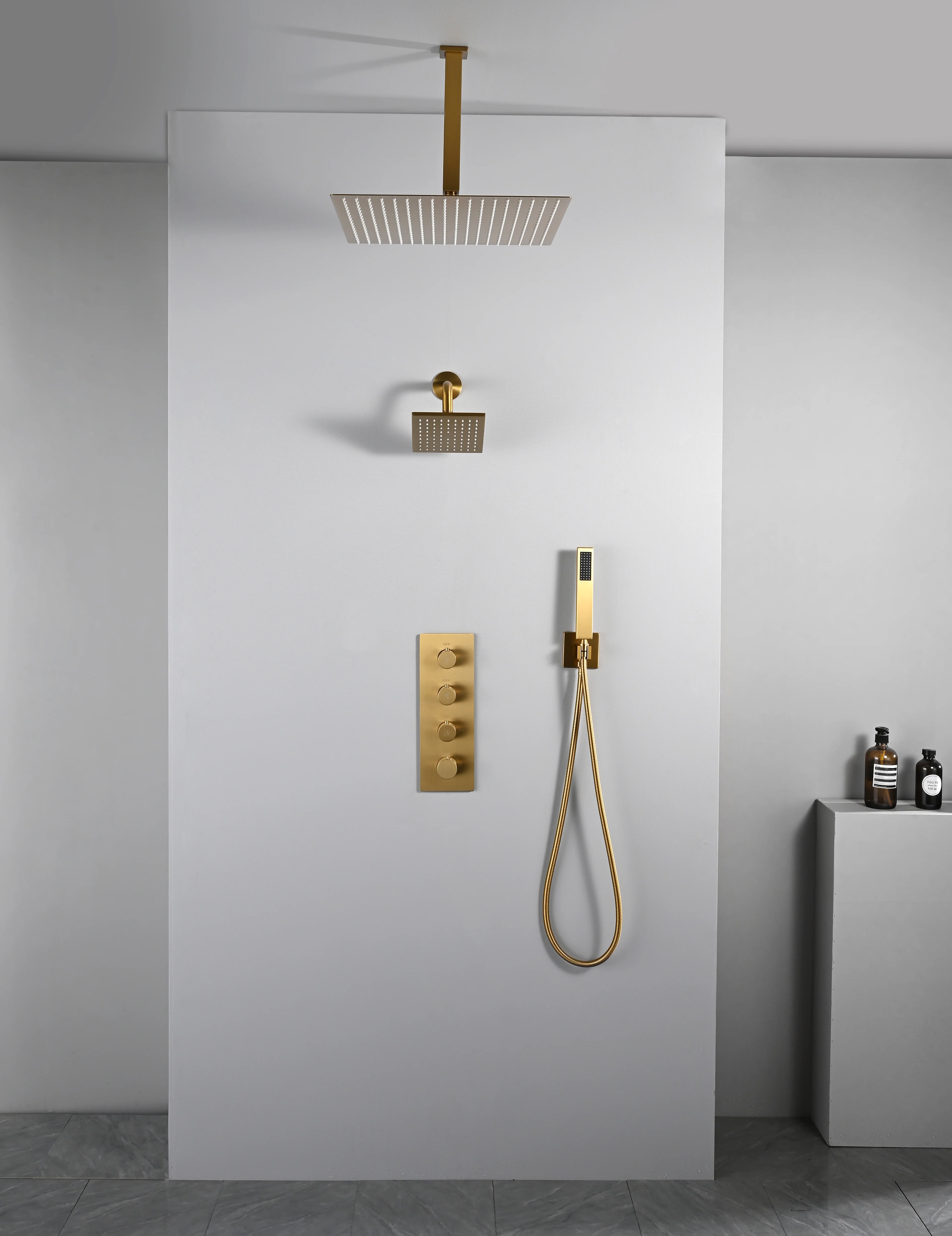Brushed Gold High Pressure Rainfall Shower Head with 3-Way Thermostatic Shower Faucet - Simultaneous and Independent Functionality - Image 28