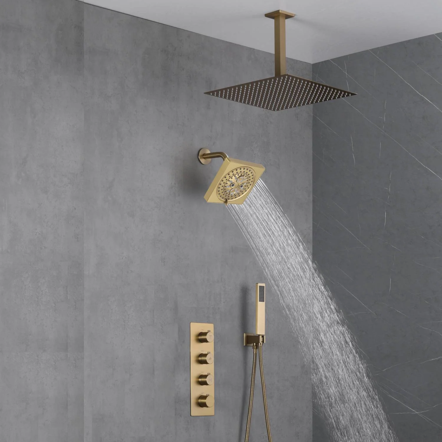 Brushed Gold High Pressure Rainfall Shower Head with 3-Way Thermostatic Shower Faucet - Simultaneous and Independent Functionality - Image 3