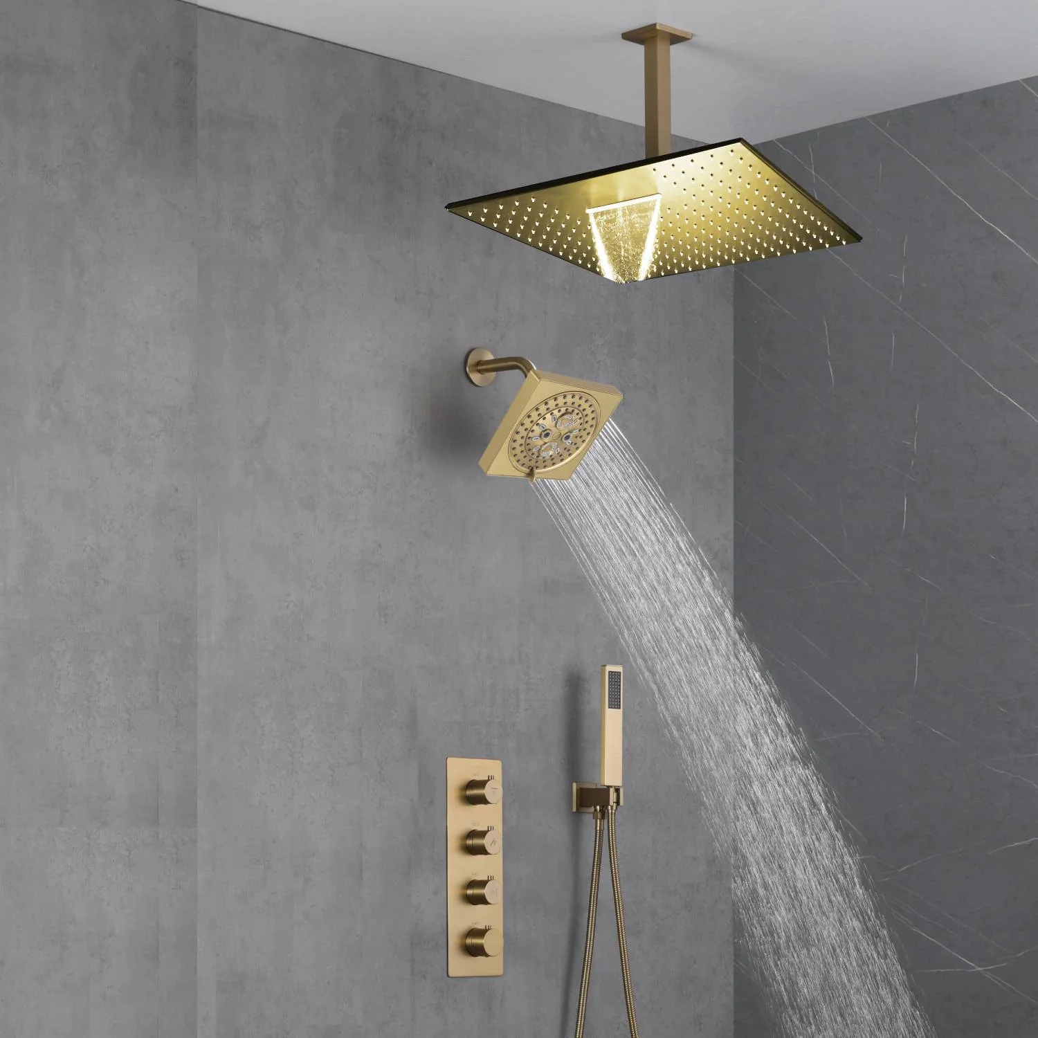 Brushed Gold High Pressure Rainfall Shower Head with 3-Way Thermostatic Shower Faucet - Simultaneous and Independent Functionality - Image 4