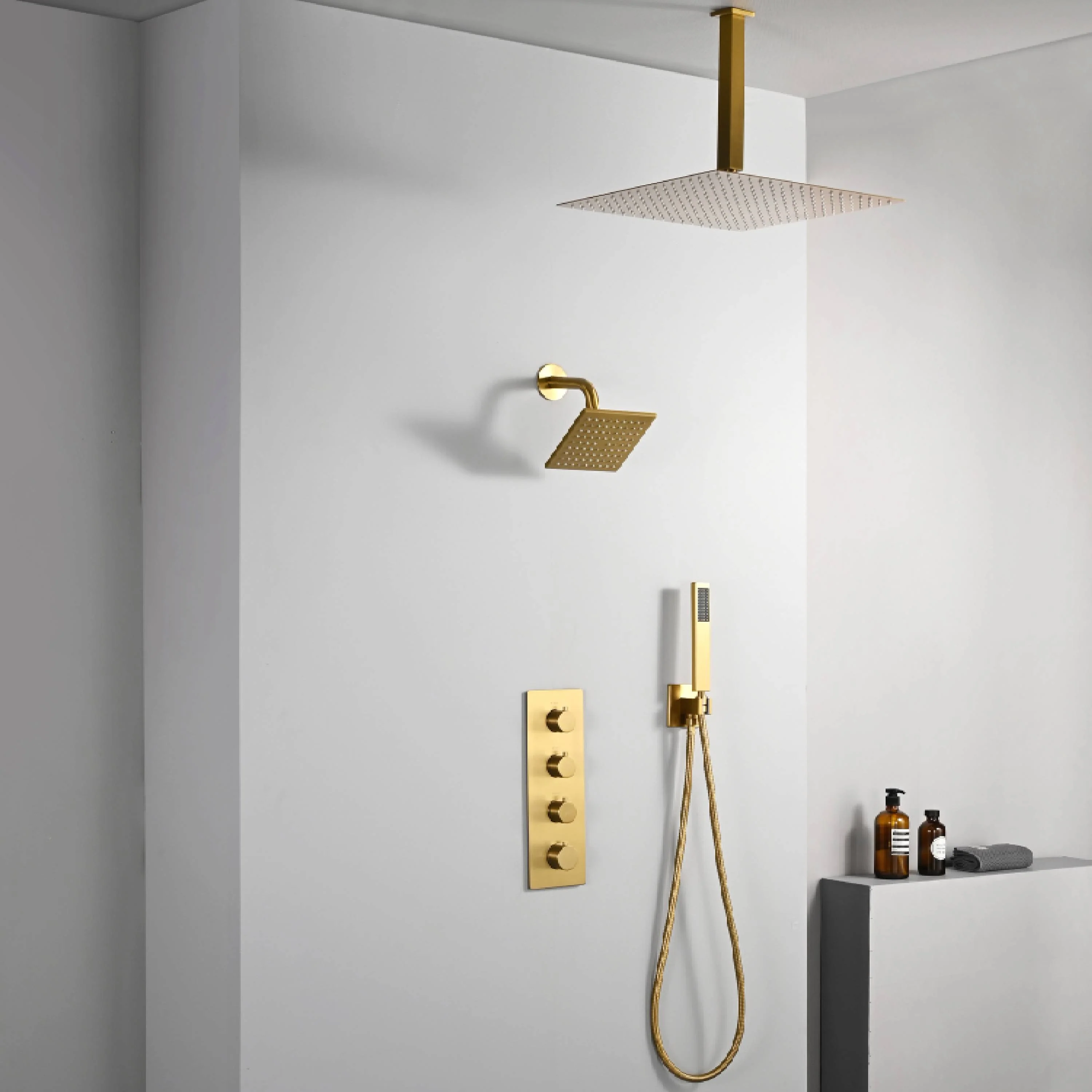 Brushed Gold High Pressure Rainfall Shower Head with 3-Way Thermostatic Shower Faucet - Simultaneous and Independent Functionality - Image 5