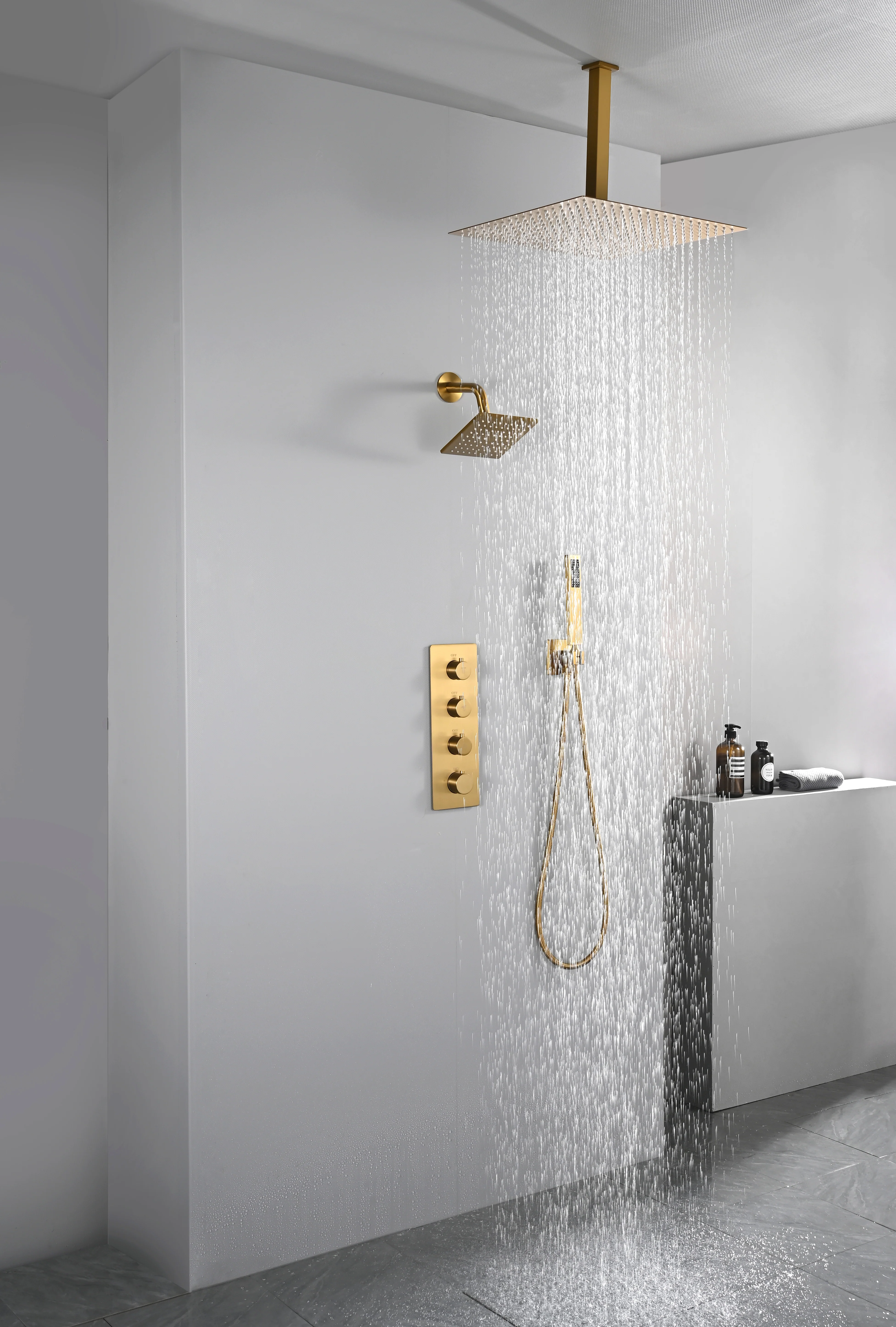 Brushed Gold High Pressure Rainfall Shower Head with 3-Way Thermostatic Shower Faucet - Simultaneous and Independent Functionality - Image 6