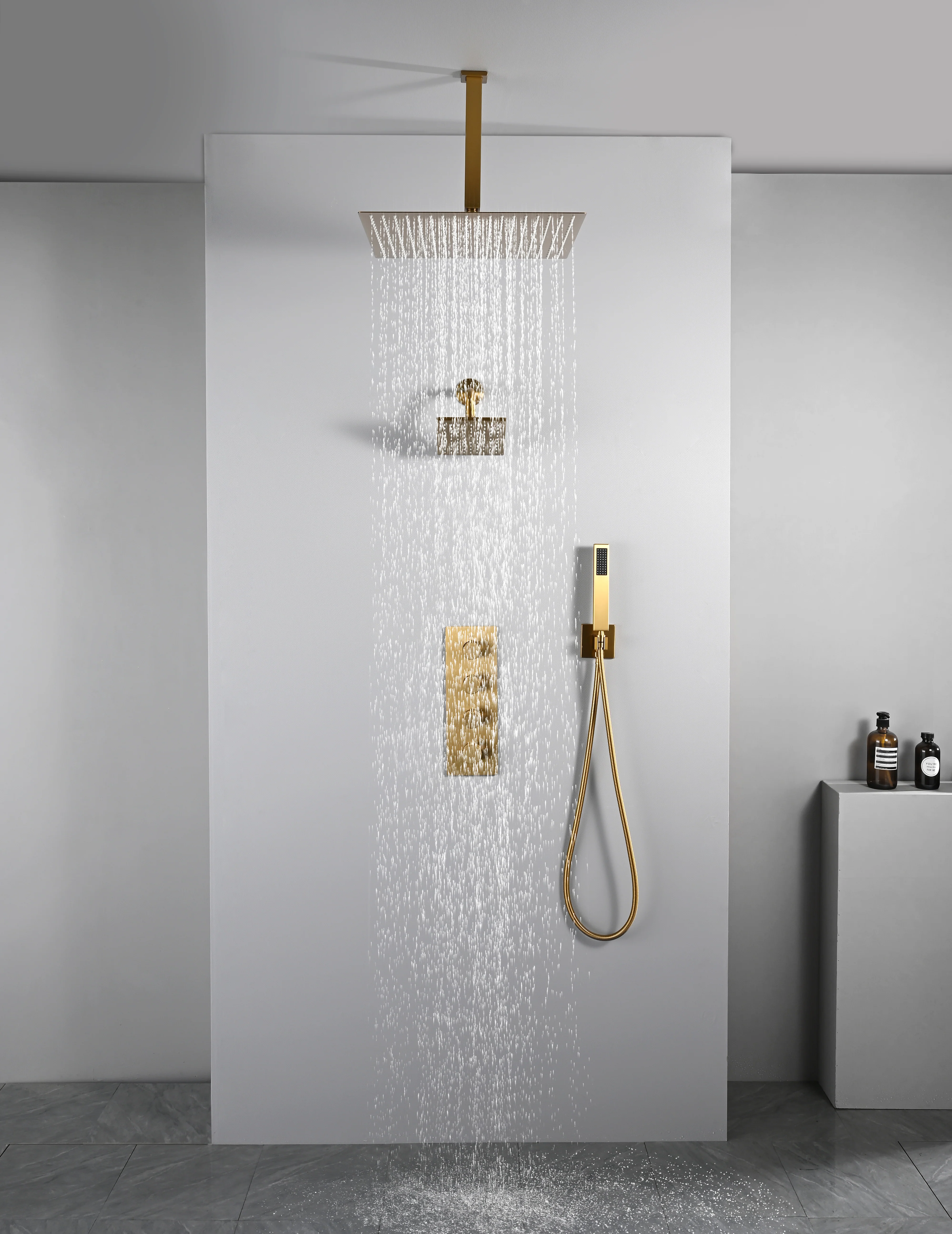 Brushed Gold High Pressure Rainfall Shower Head with 3-Way Thermostatic Shower Faucet - Simultaneous and Independent Functionality - Image 7