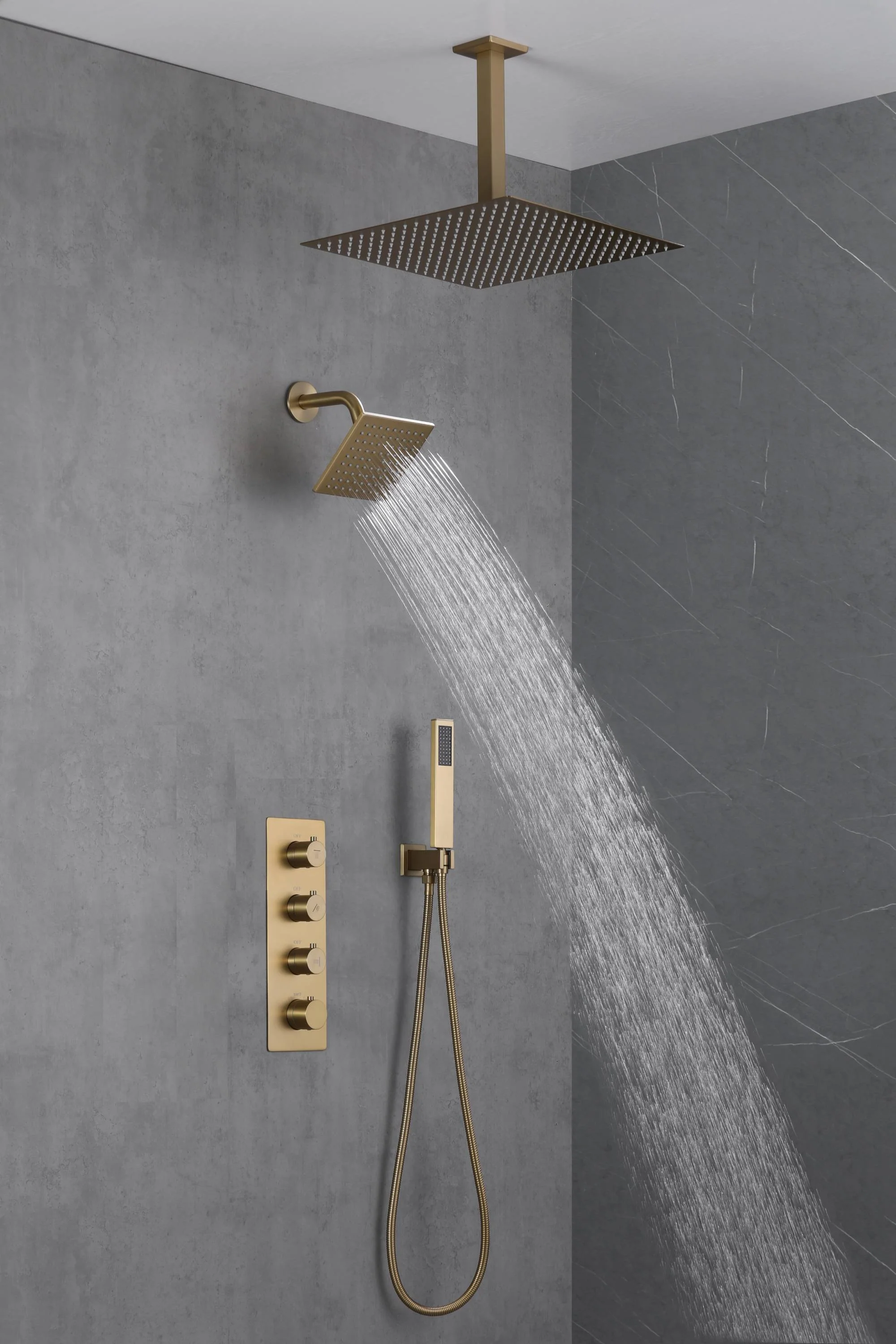 Brushed Gold High Pressure Rainfall Shower Head with 3-Way Thermostatic Shower Faucet - Simultaneous and Independent Functionality - Image 9