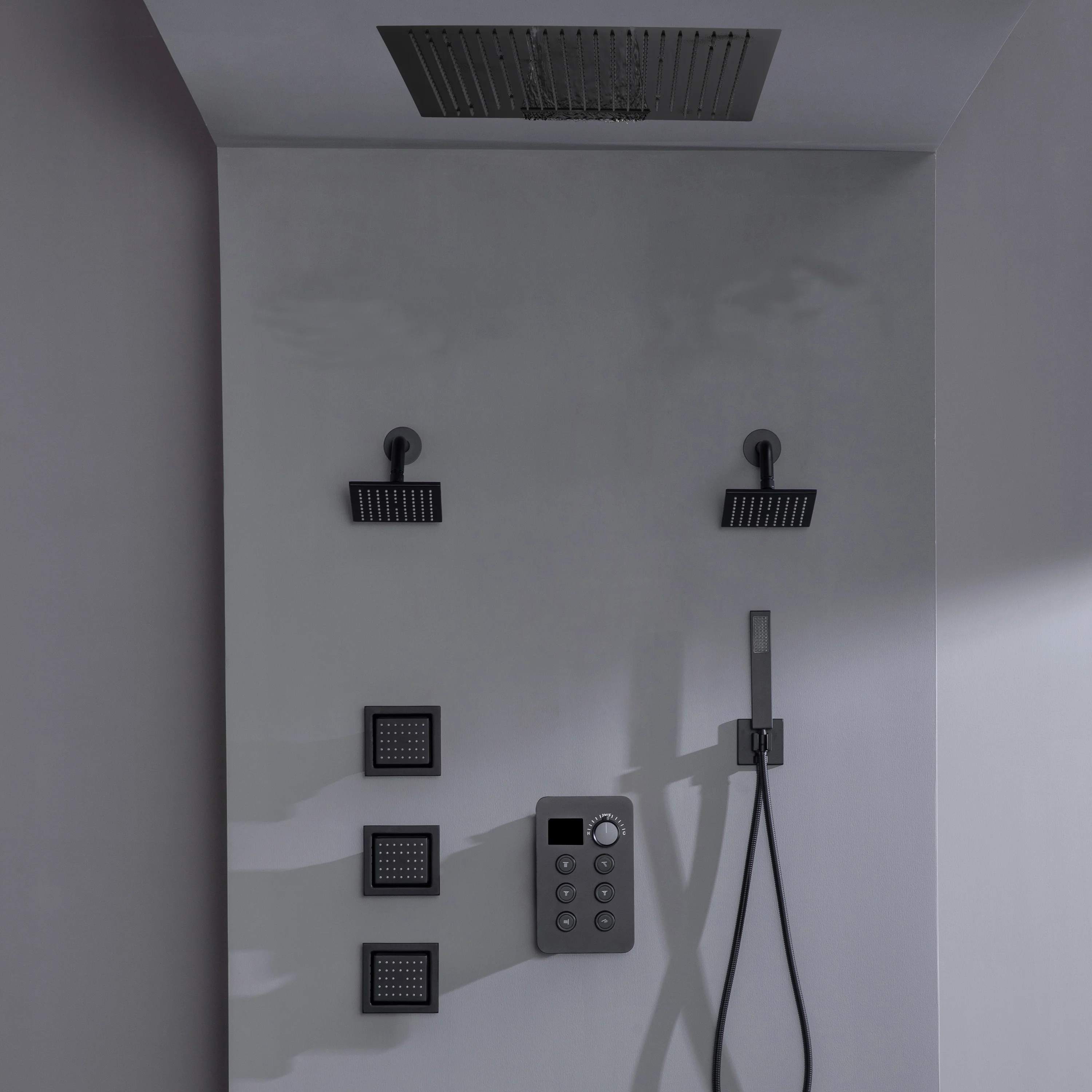 24 inch flush mount rainfall waterfall shower head 6 way thermostatic shower faucet with handle wand and Body Jet and dual regular headss - Image 14